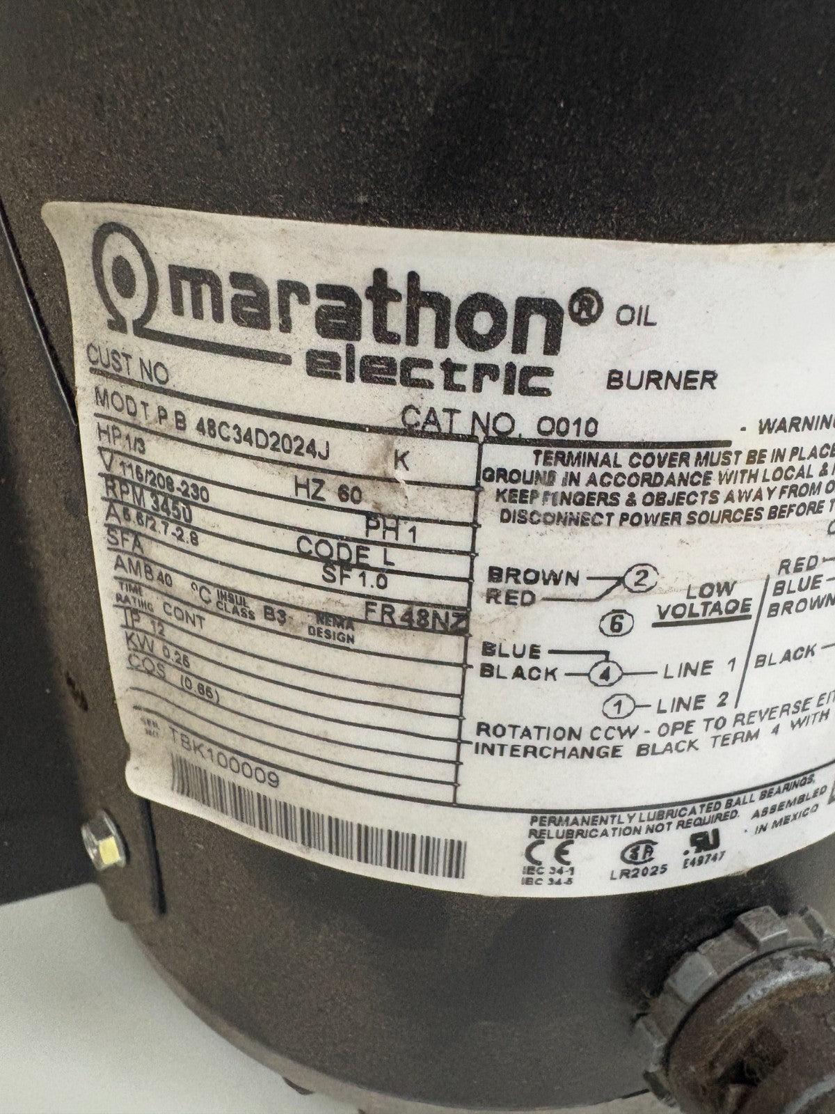 MARATHON OIL BURNER MOTOR W/FAN CAT 0010 MOD TPB 48034D2024J