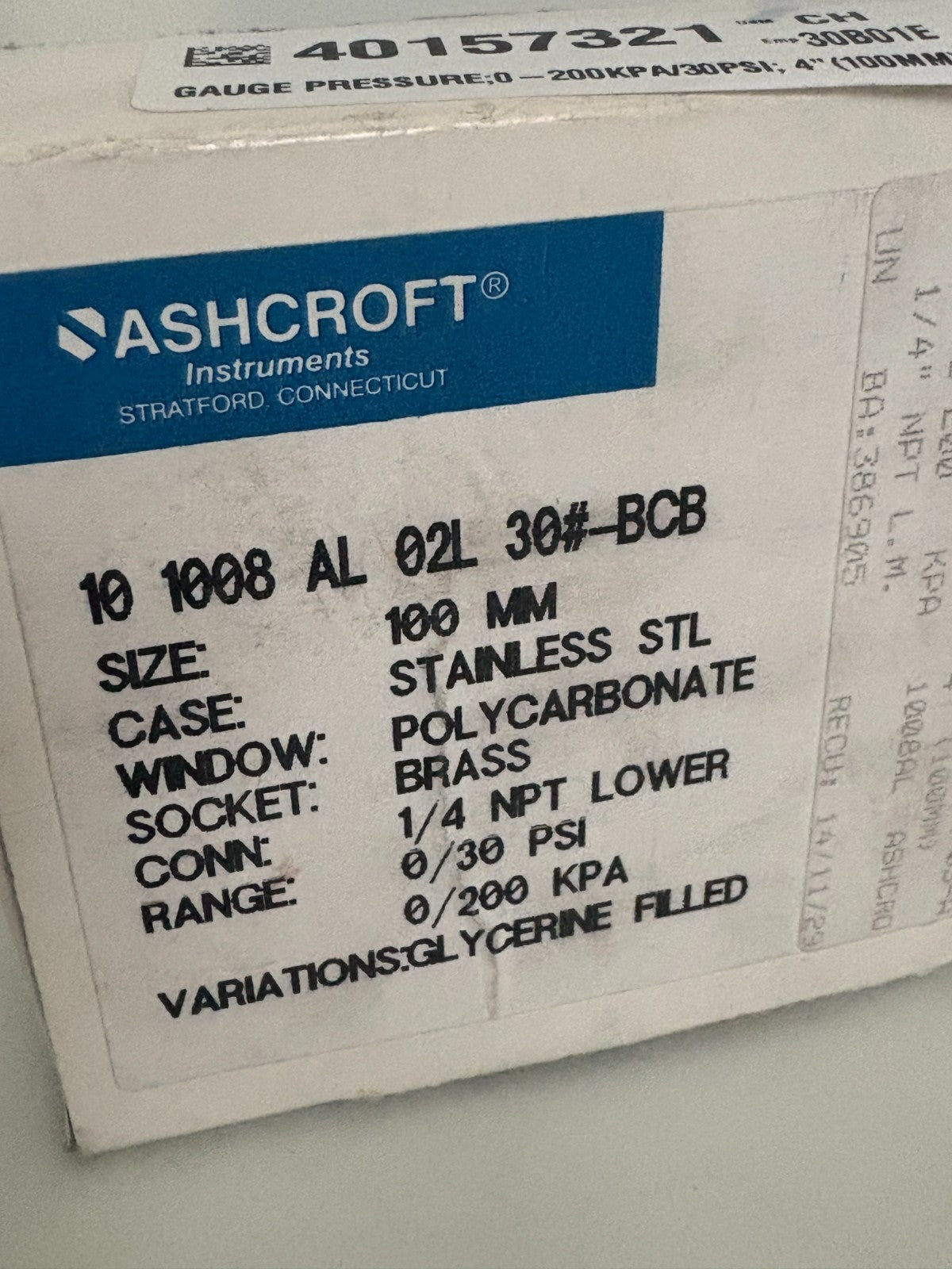 ASHCROFT S STEEL 0-30PSI PRESSURE GAUGE 100MM2
