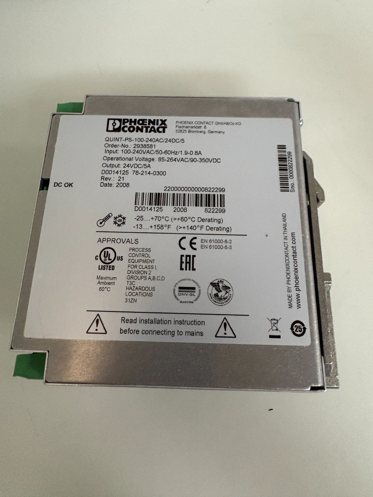 PHOENIX CONTACT POWER SUPPLY QUINT-PS-100-240AC/24DC/5 #29385812