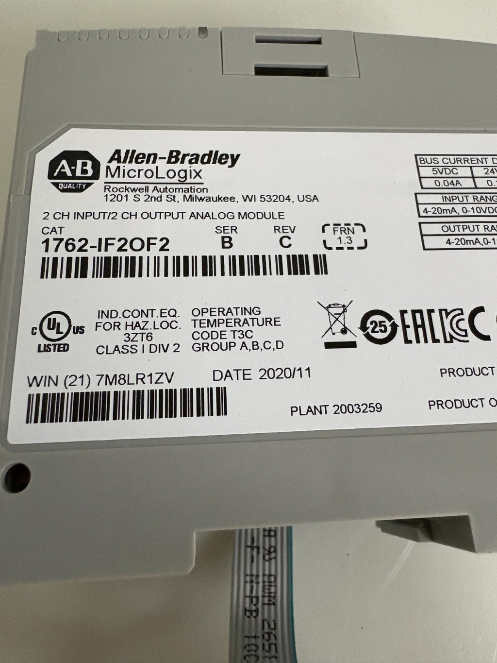 ALLEN BRADLEY MICROLOGIX 2CH INPUT/2CH OUTPUT ANALOG MODULE 1762-IF2OF2 SER B