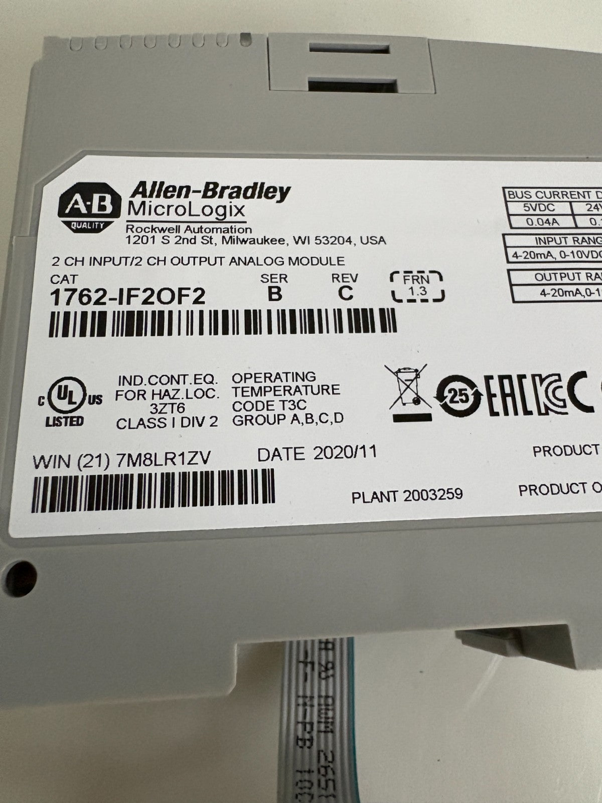 ALLEN BRADLEY MICROLOGIX 2CH INPUT/2CH OUTPUT ANALOG MODULE 1762-IF2OF2 SER B