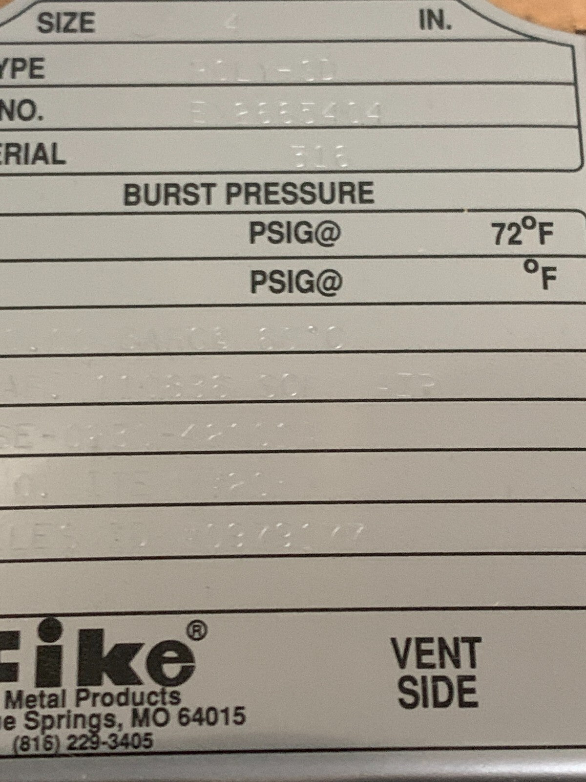 FIKE 4" RUPTURE DISC POLY-SD 316 50 BAR5
