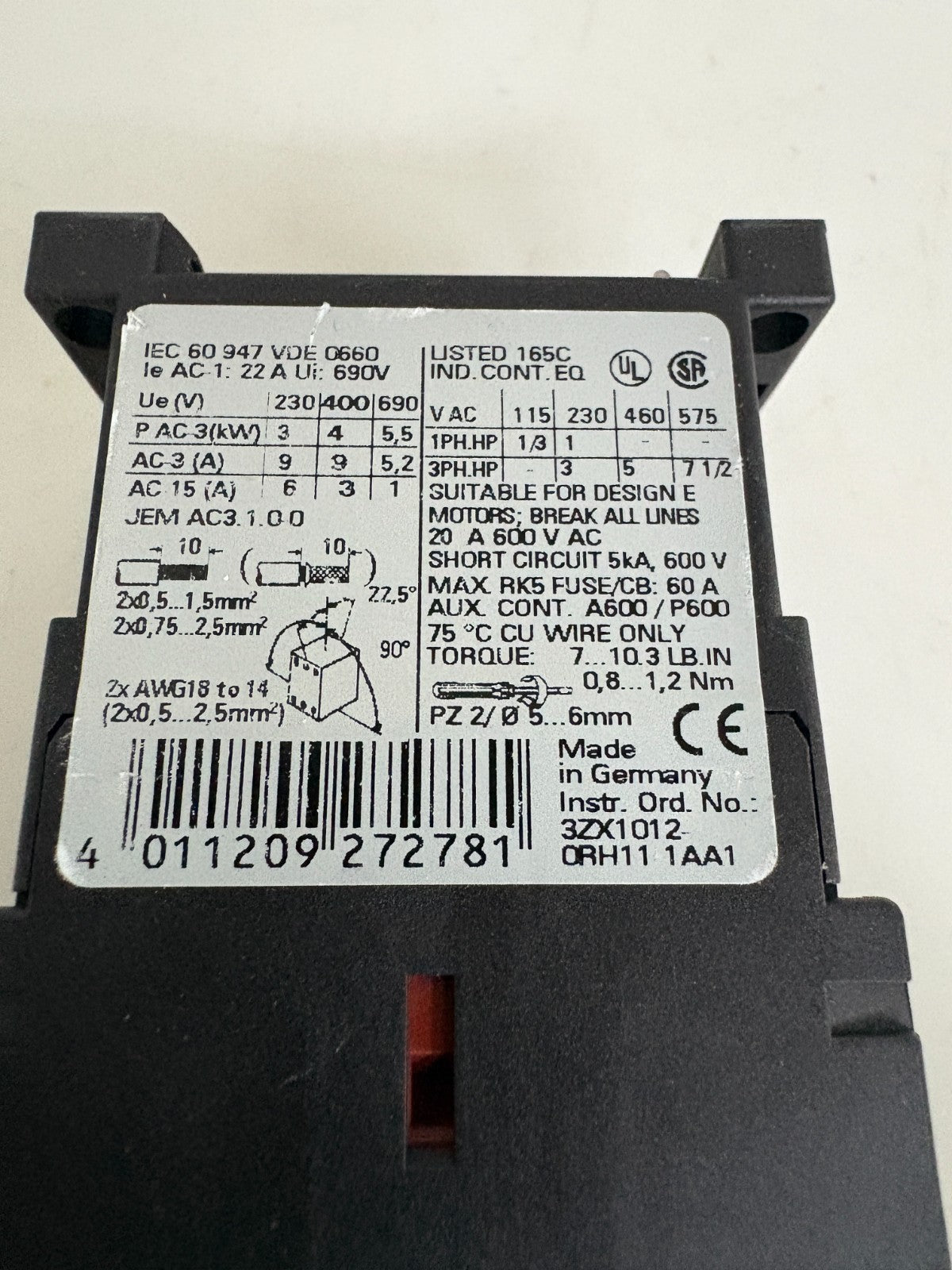 SIEMENS CONTACTOR 3RT1016-1KB41 G/000223-EO