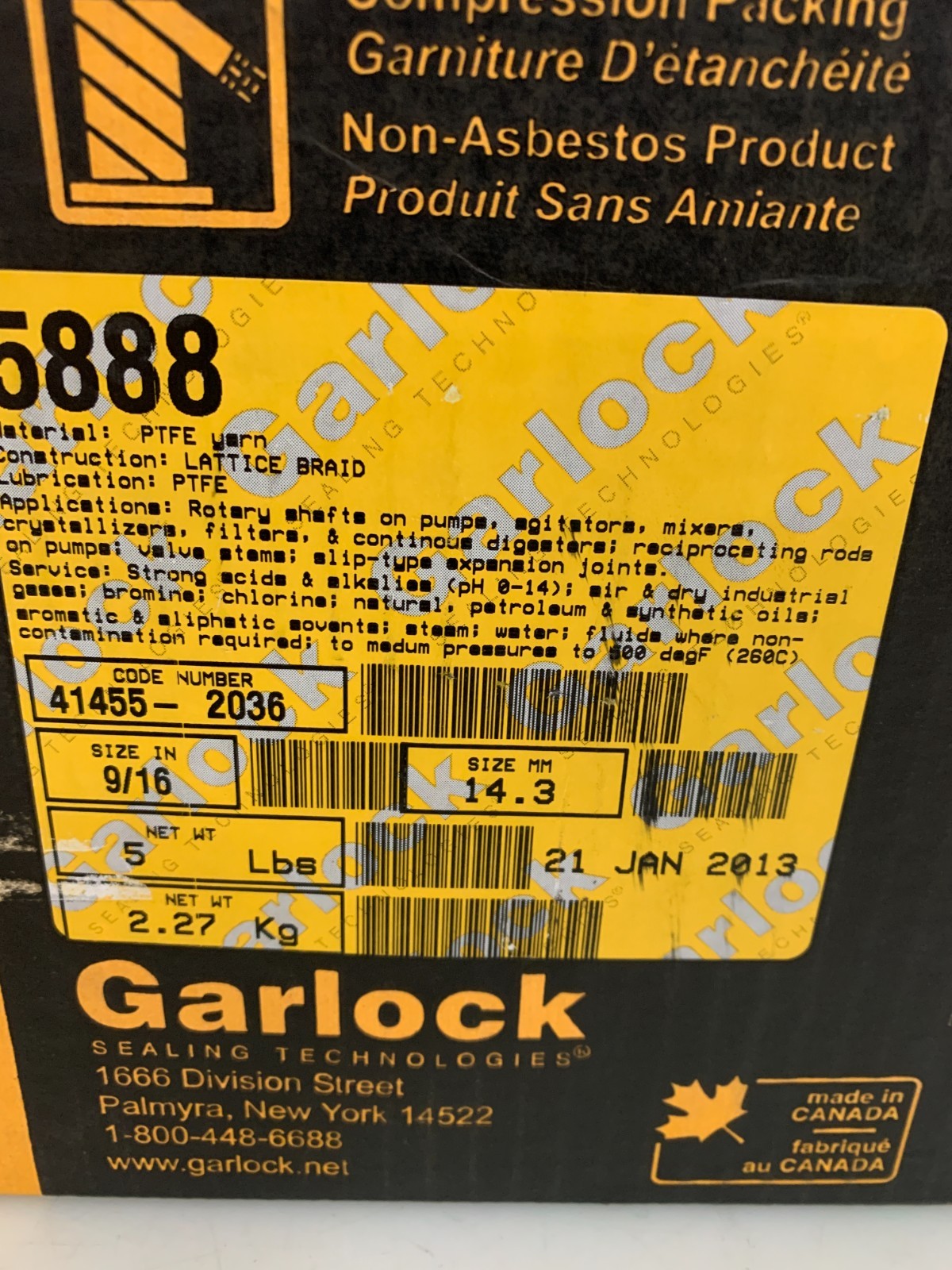 GARLOCK 9/16 5LBS FLUID SEALING PACKING #5888