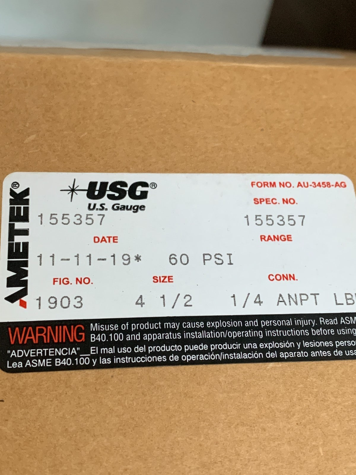AMETEK USG GAUGE 0-60PSI 4 1/2" #1553573