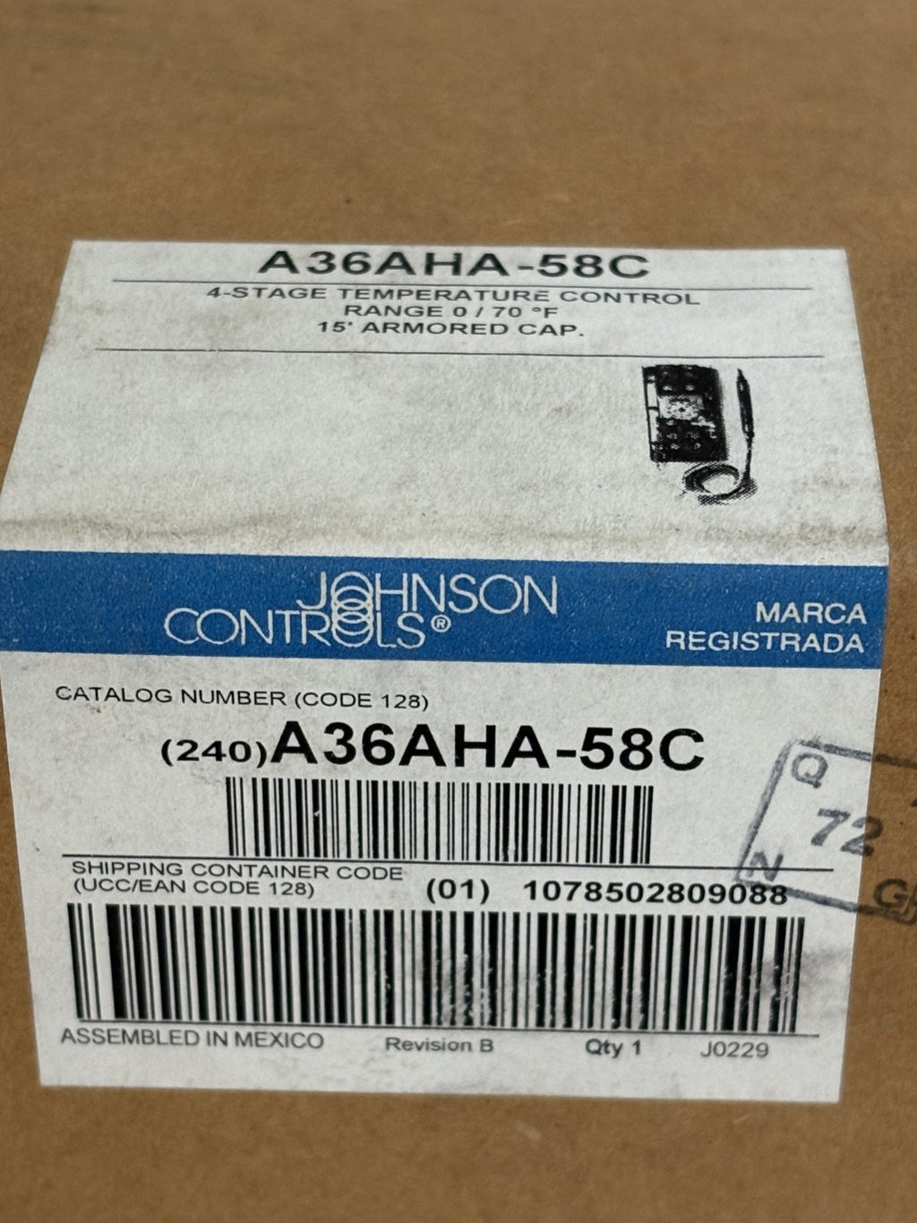 JOHNSON CONTROLS TEMPERATURE CONTROL A36AHA-58C