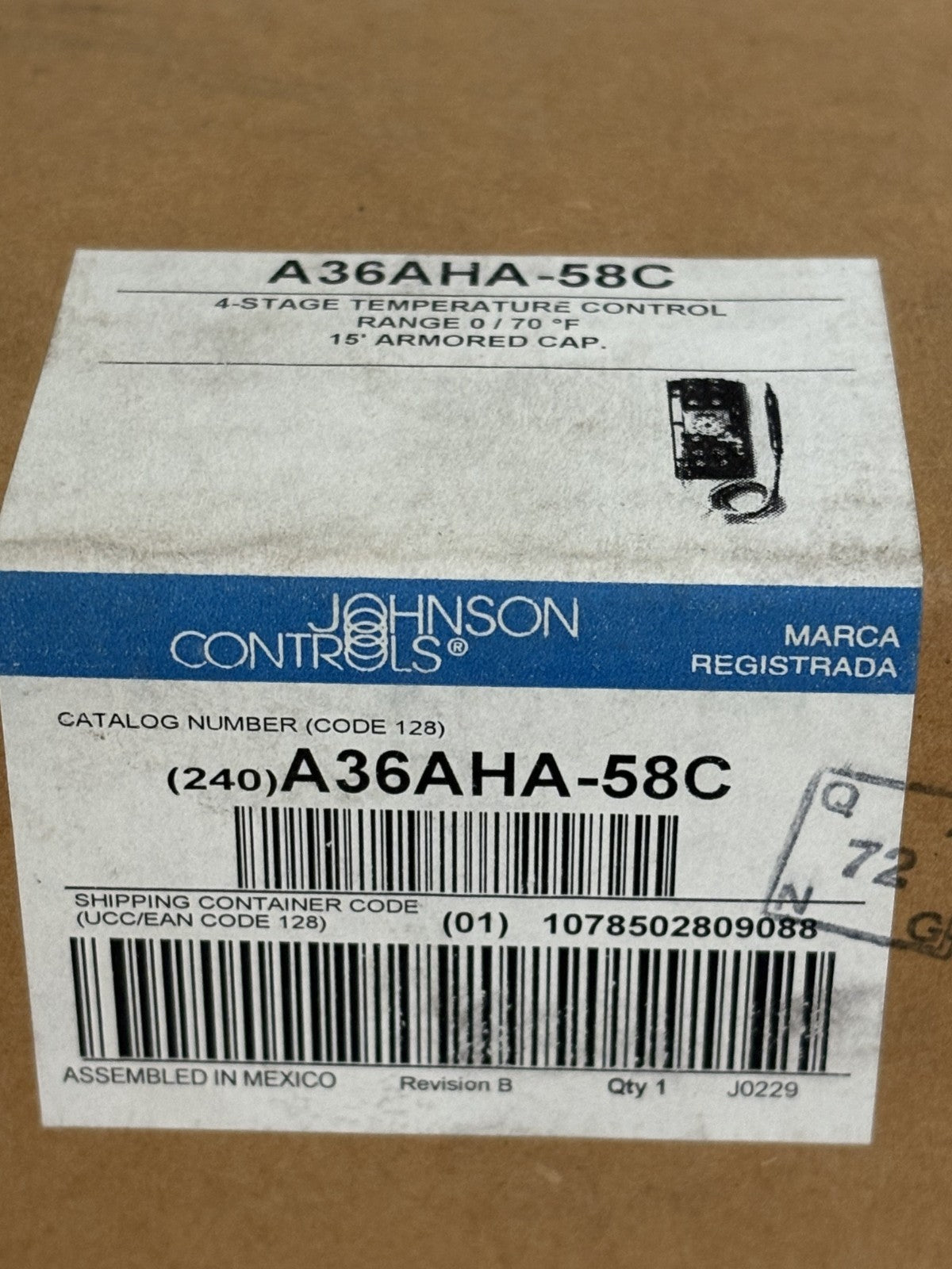 JOHNSON CONTROLS TEMPERATURE CONTROL A36AHA-58C