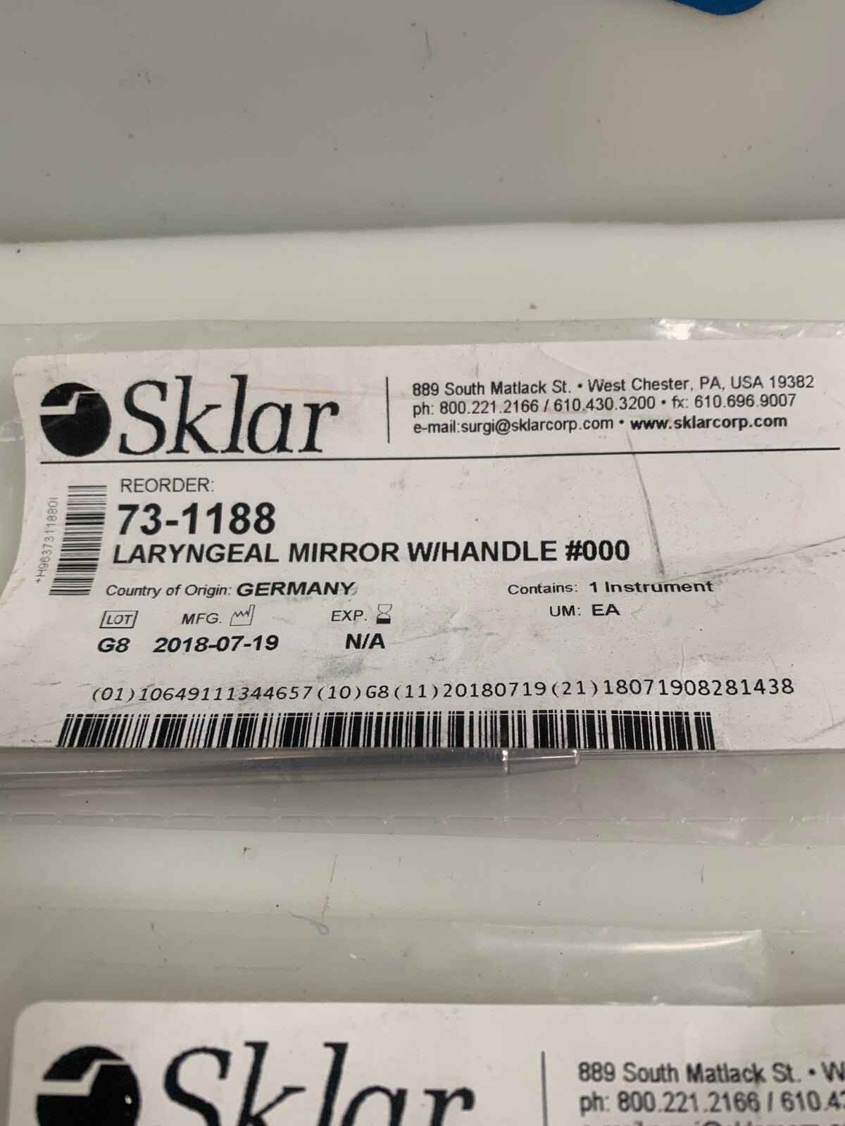 LOT OF 2 SKLAR LARYNGEAL MIRROR W/HANDLE #000 73-11801