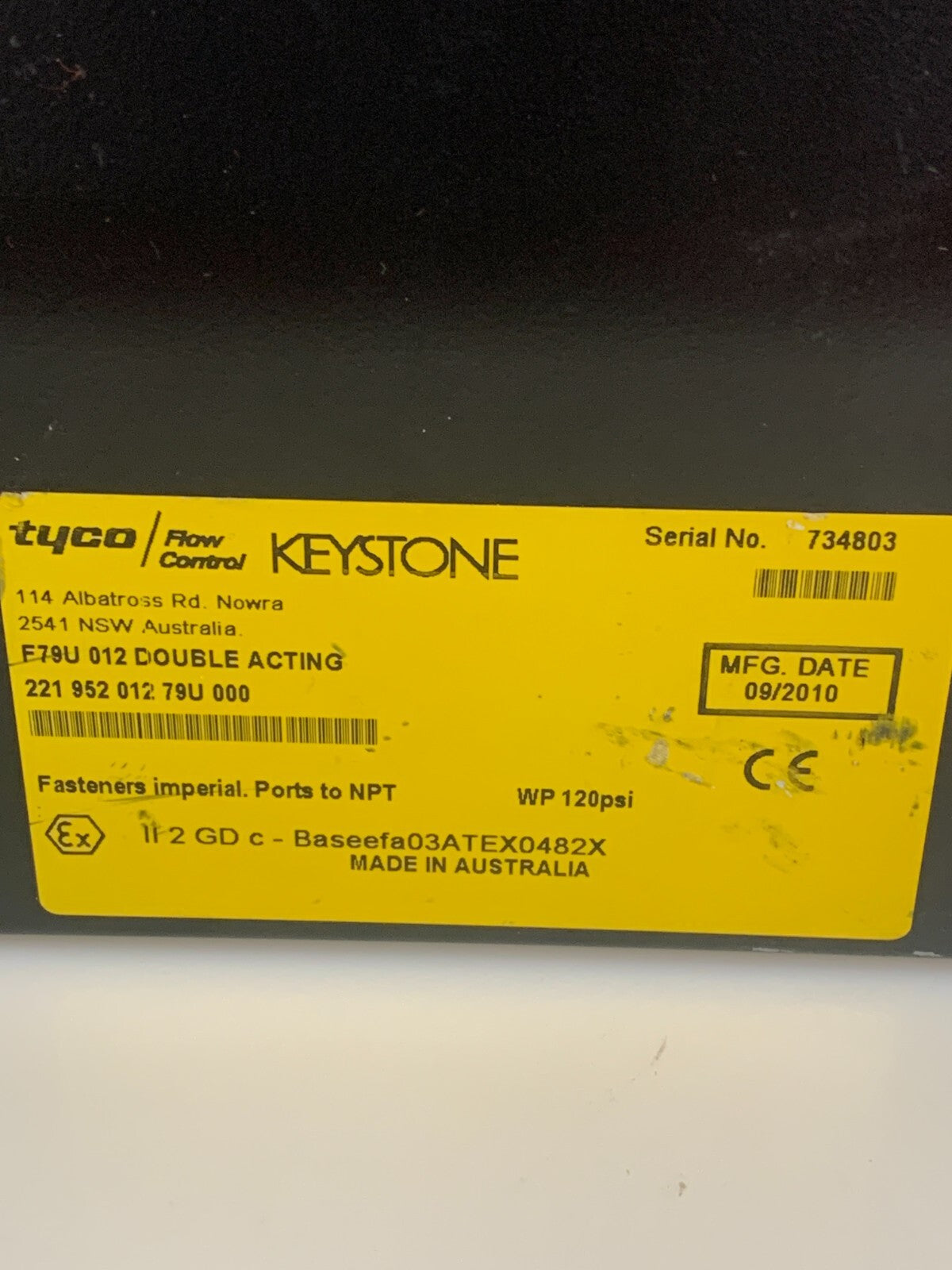 TYCO DOUBLE ACTING PNEUMATIC VALVE ACTUATOR F794 012