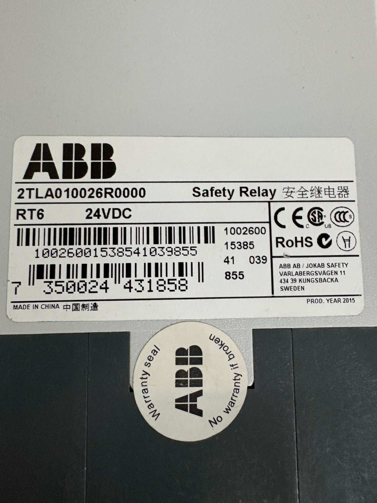 ABB SAFETY RELAY RT6 24VDC 2TLA010026R00003