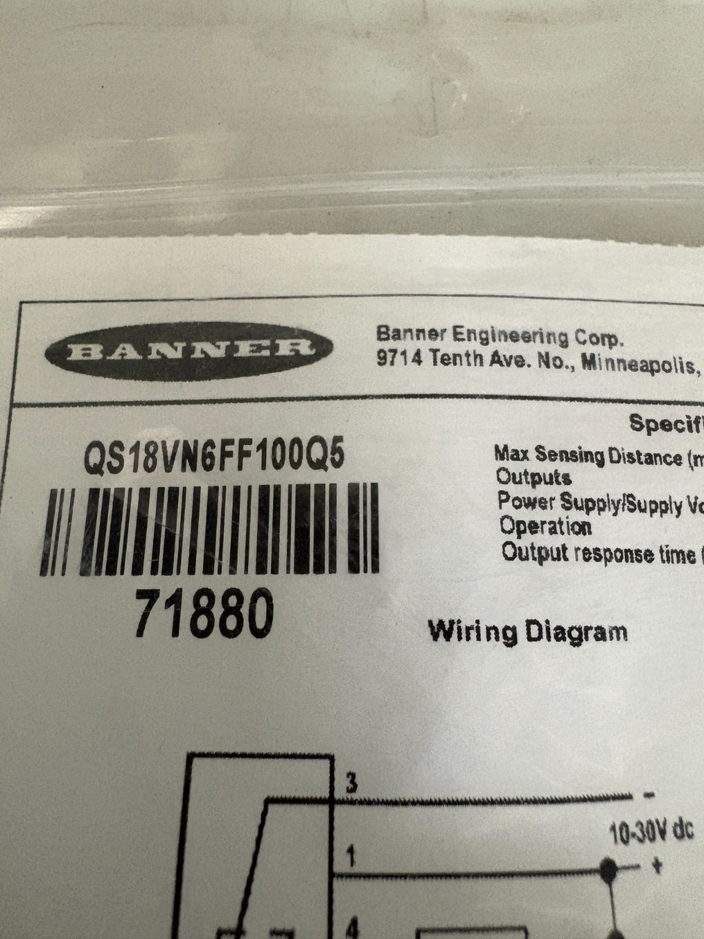 BANNER PHOTOELECTRIC SWITCH SENSOR QS18VN6FF100Q52