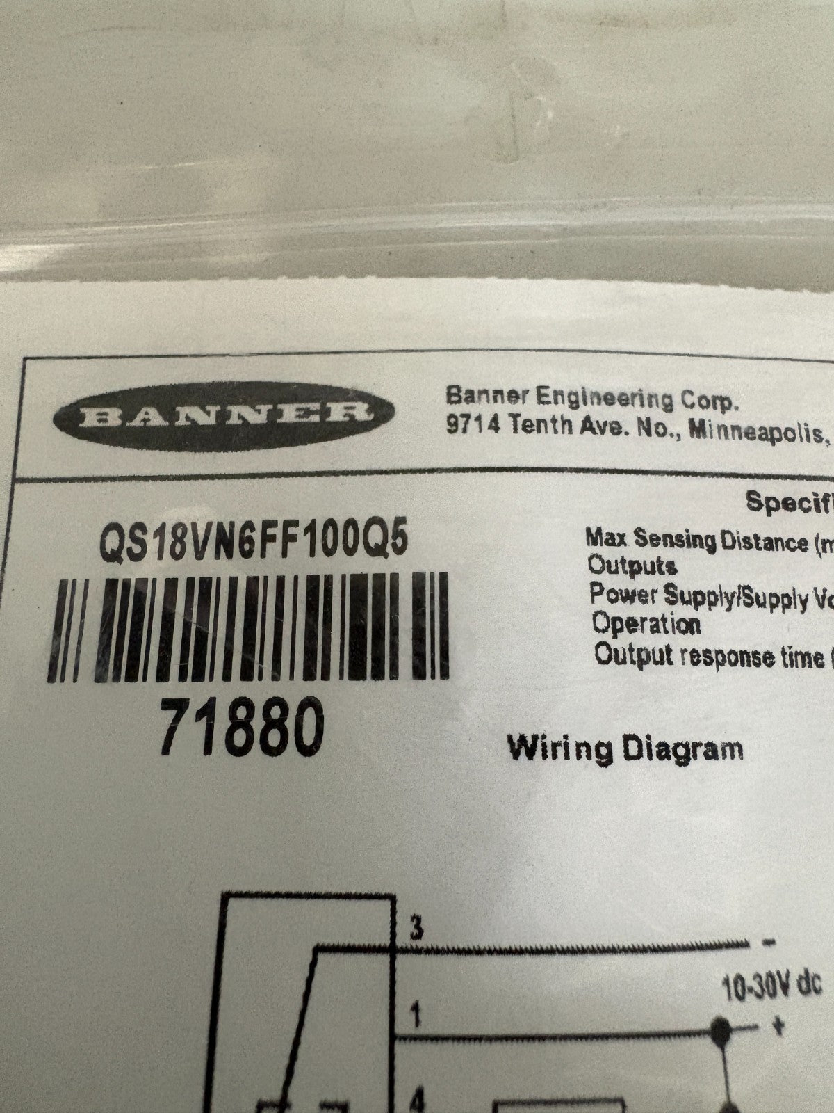 BANNER PHOTOELECTRIC SWITCH SENSOR QS18VN6FF100Q52