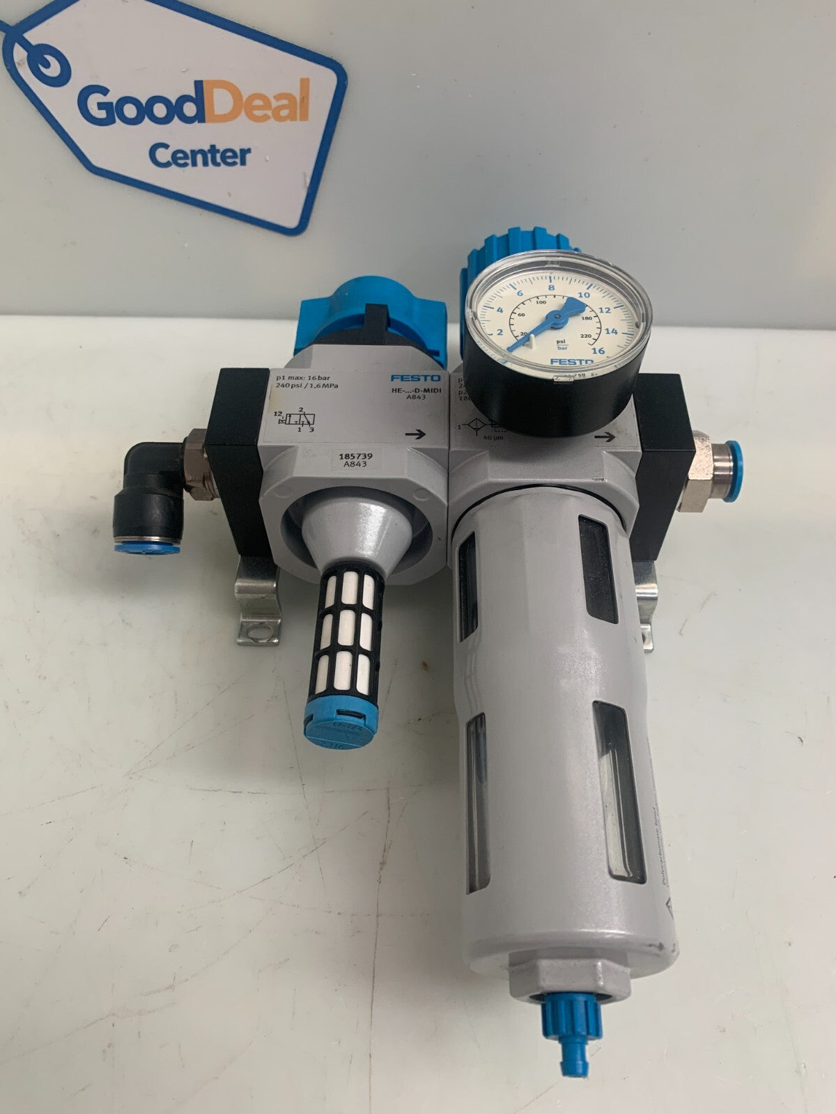 Festo Filter Regulator Unit 185739 A843 LFR-1/2/D/MIDI + HE-D-MIDI0