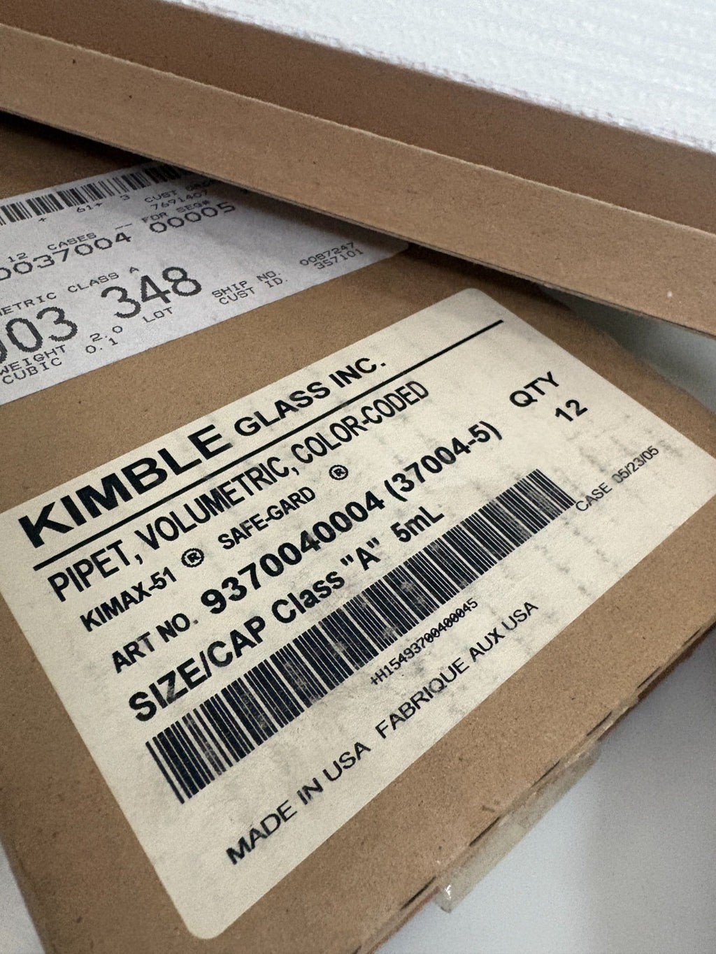 KIMBLE GLASS SIZE 5ML PIPET VOLUMETRIC COLOR CODED BOX OF 12