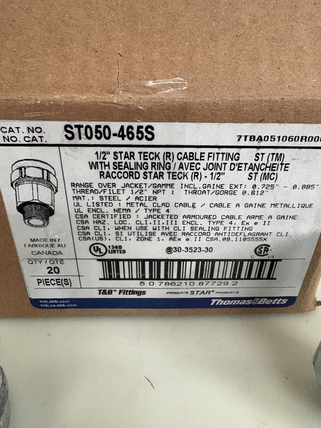 ABB THOMAS & BETTS 1/2 STARTECK CABLE FITTING W/SEALING RING ST045-465S4