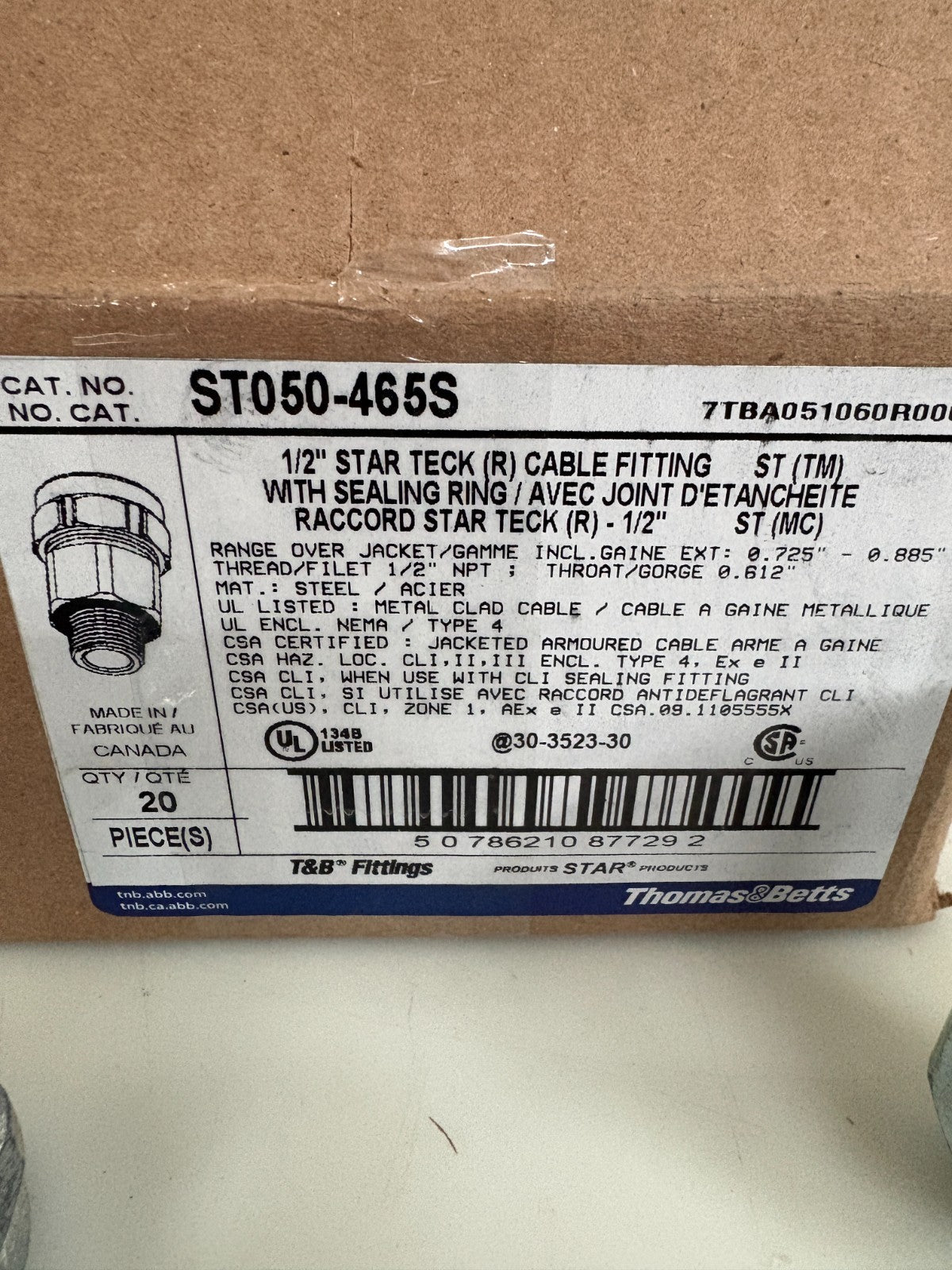 ABB THOMAS & BETTS 1/2 STARTECK CABLE FITTING W/SEALING RING ST045-465S4