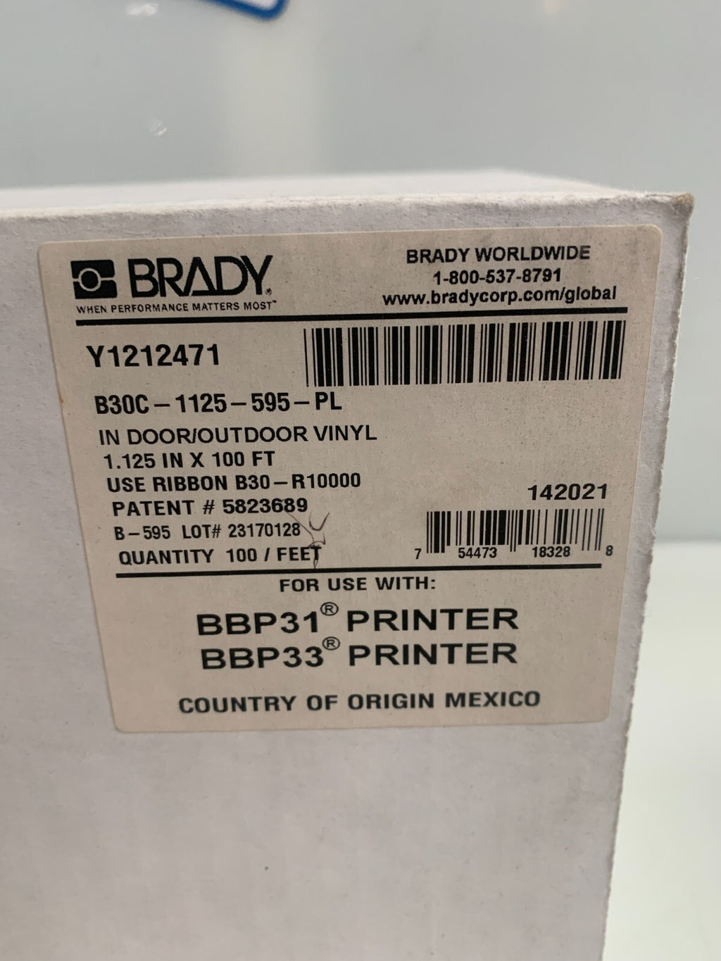BRADY 1.125" X 100FT VINYL LABEL TAPE PURPLE B3DC-1125-595-PL