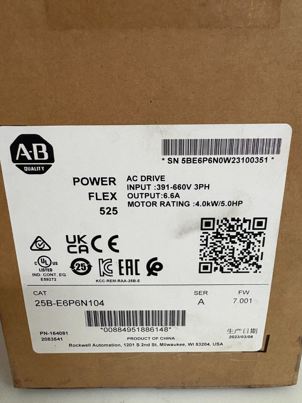 ALLEN BRADLEY 5 HP POWER FLEX AC DRIVE 25B-E6P6N104 SER A2