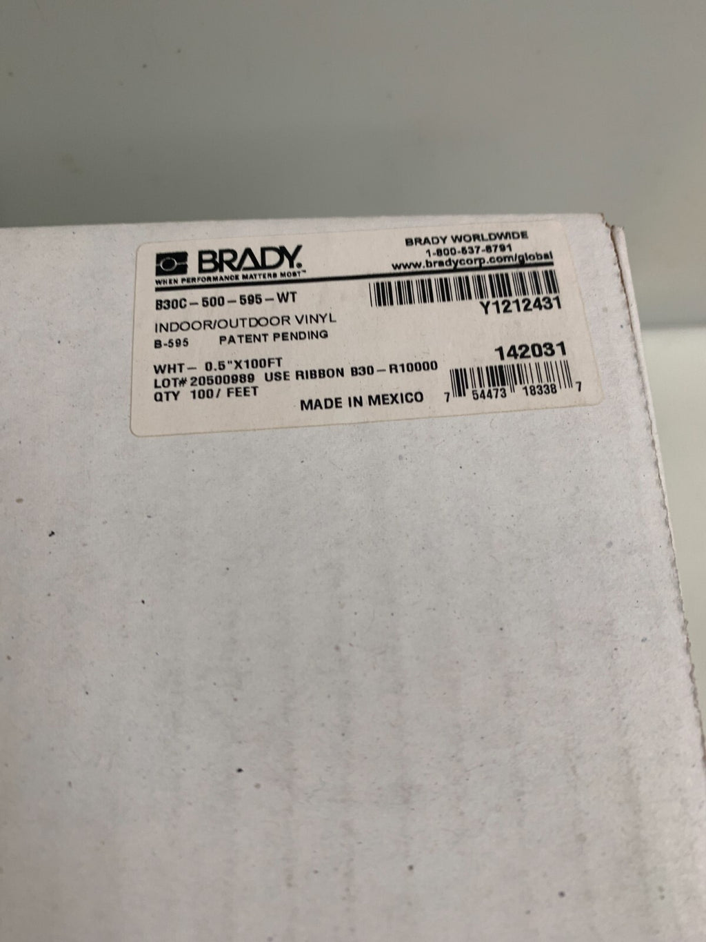 BRADY 0.5" X 100 FT B30C-500-595-WT WHITE RIBBON CARTRIDGE