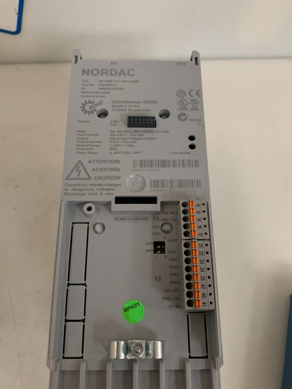 NORDAC 500 E 3HP MOTOR DRIVE SK 500 E -111-340-A-ERS #275420111 W/CONTROL PANEL