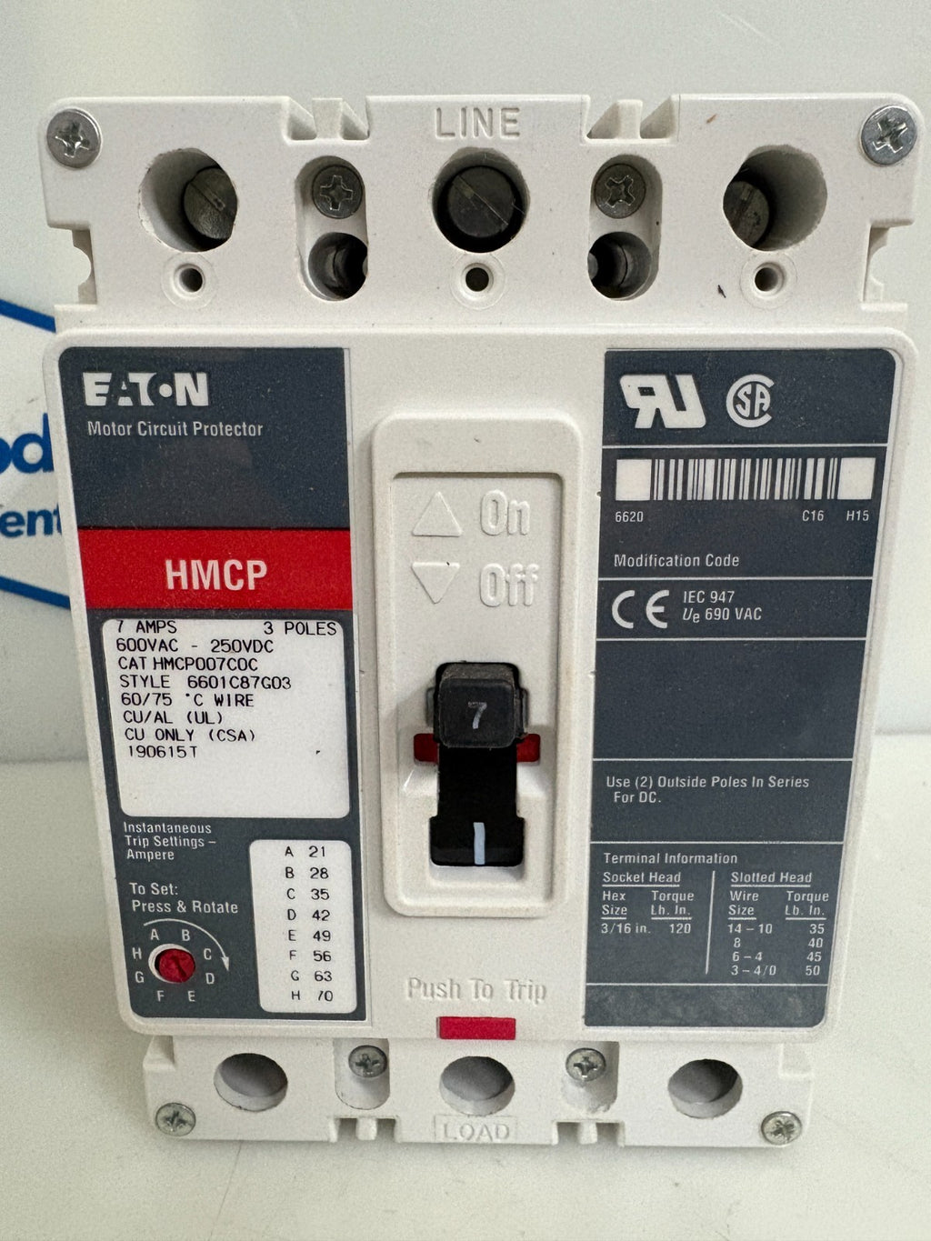 EATON 7 AMPS MOTOR CIRCUIT PROTECTOR HMCP007COC1