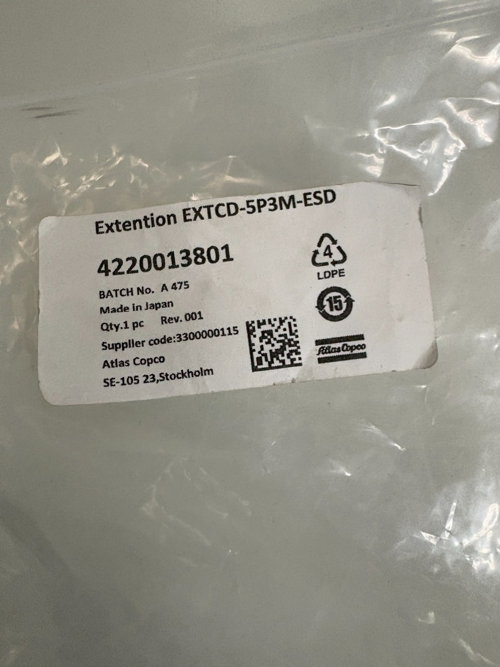 ATLAS COPCO DRIVE CABLE EXTENTION EXTCD-5P3M-ESD 42200138012