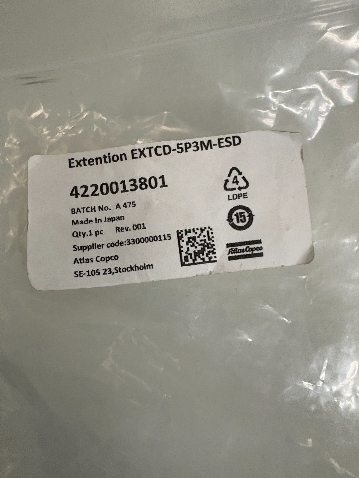 ATLAS COPCO DRIVE CABLE EXTENTION EXTCD-5P3M-ESD 42200138012