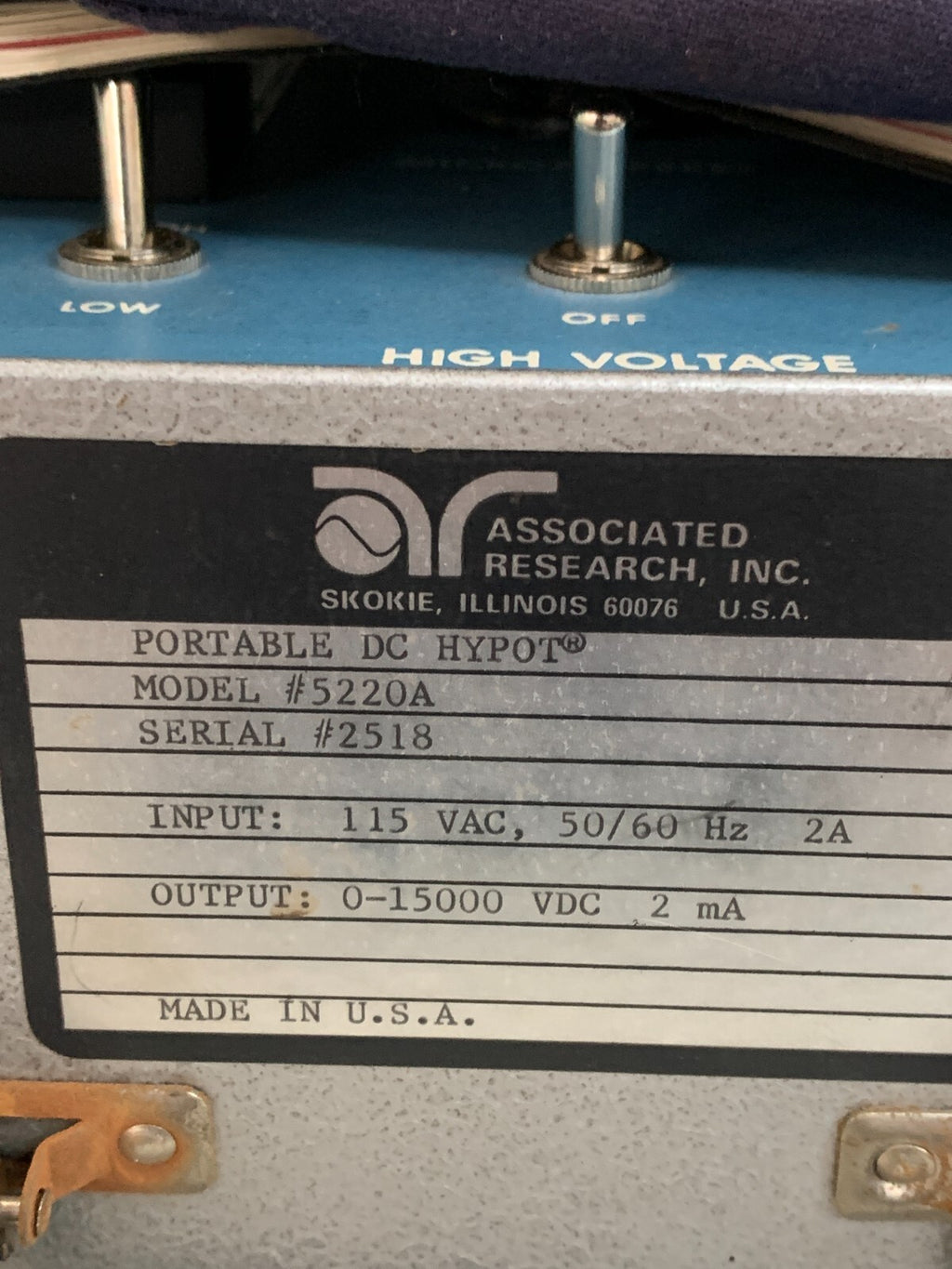 ASSOCIATED RESEARCH 5220A PORTABLE DC HYPOT COMPLETE W/CABLES & MANUAL
