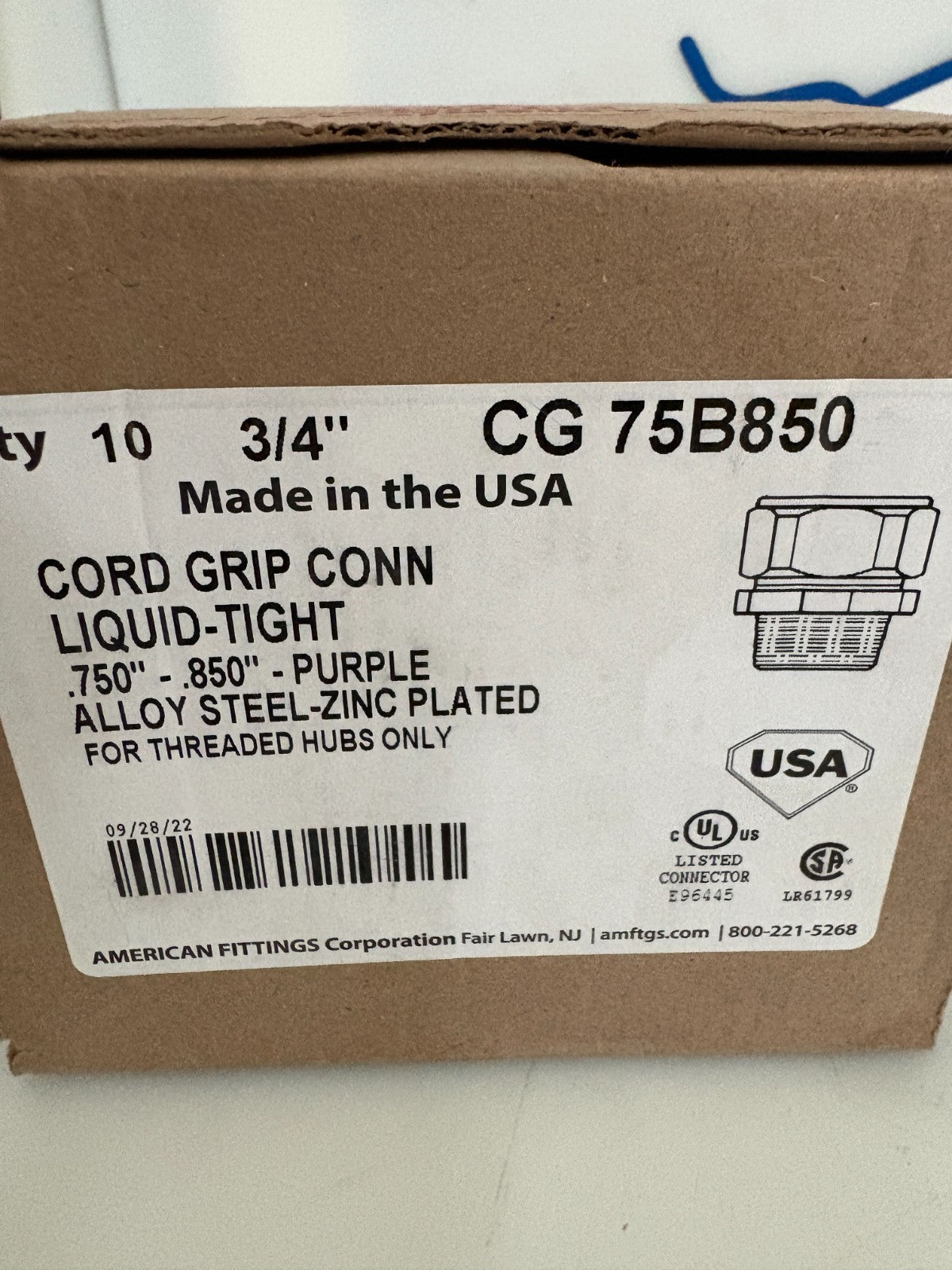 AMERICAN FITTING 3/4" CORD GRID LIQUID-TIGHT CONNECTOR CG 75B850 10 IN BOX3