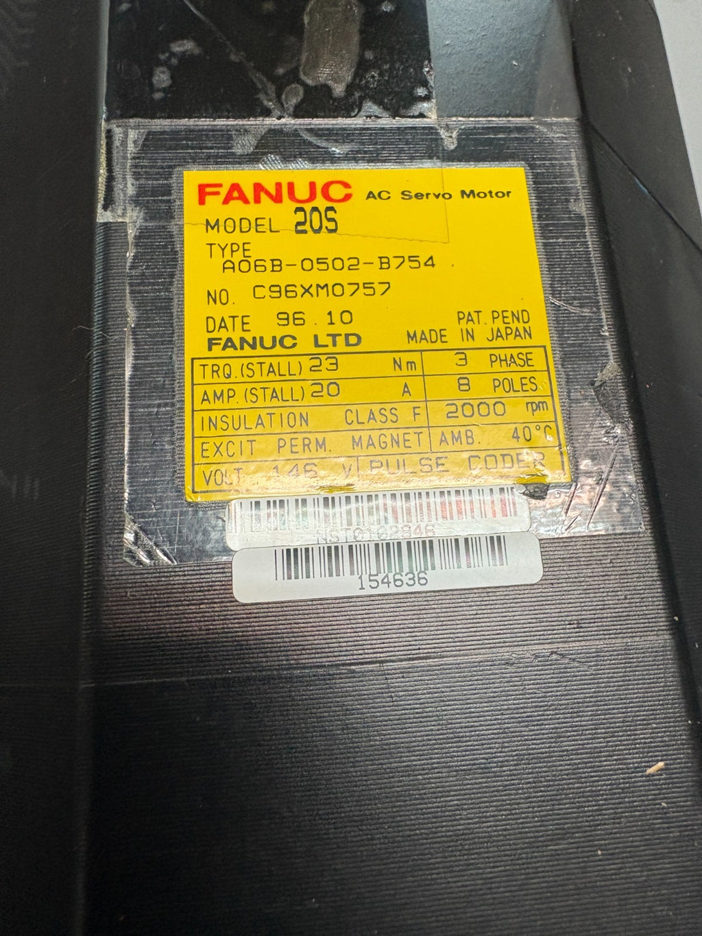 FANUC AC SERVO MOTOR MODEL 20 S A06B-0502-B754