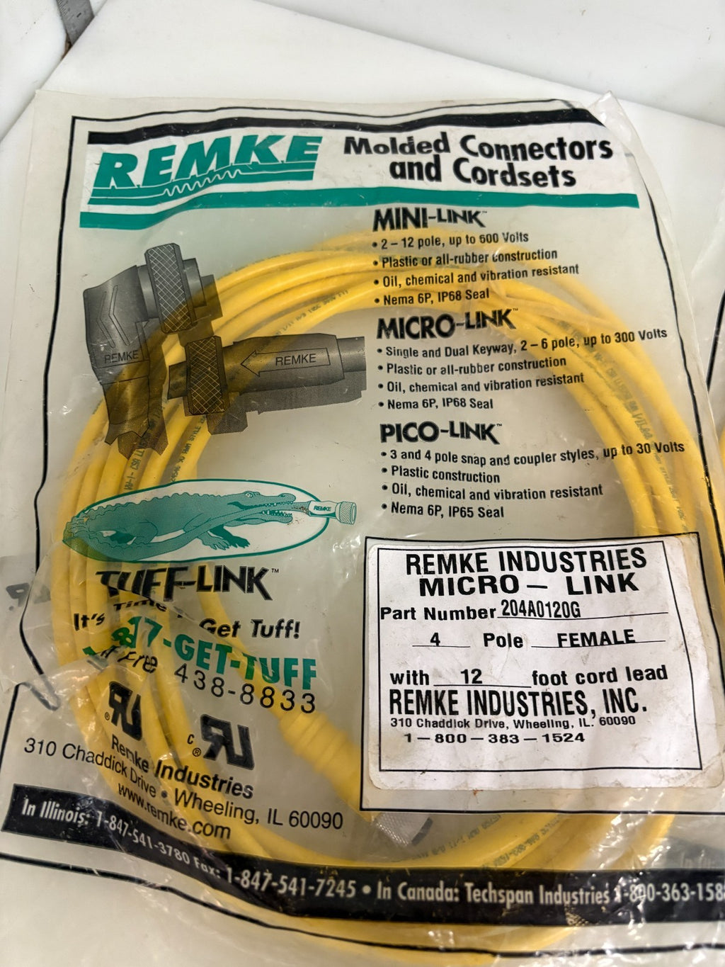 LOT OF 2 REMKE MICRO LINK 4 POLE FEMALE 12' CORD LEAD 204A0120G