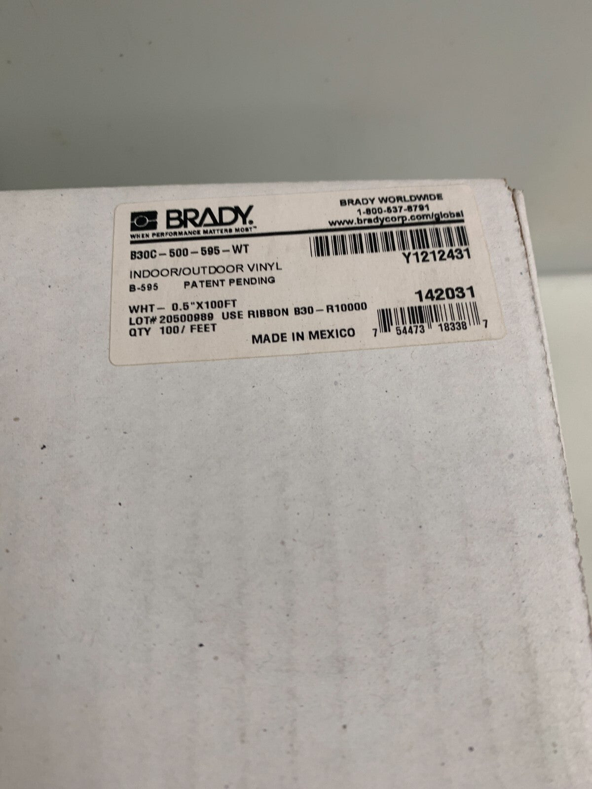 BRADY 0.5" X 100 FT B30C-500-595-WT WHITE RIBBON CARTRIDGE1