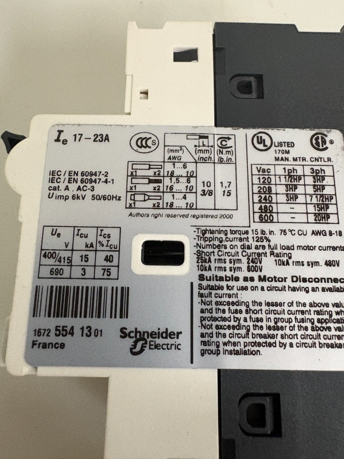 SCHNEIDER ELECTRIC MOTOR STARTER GV2-RT21