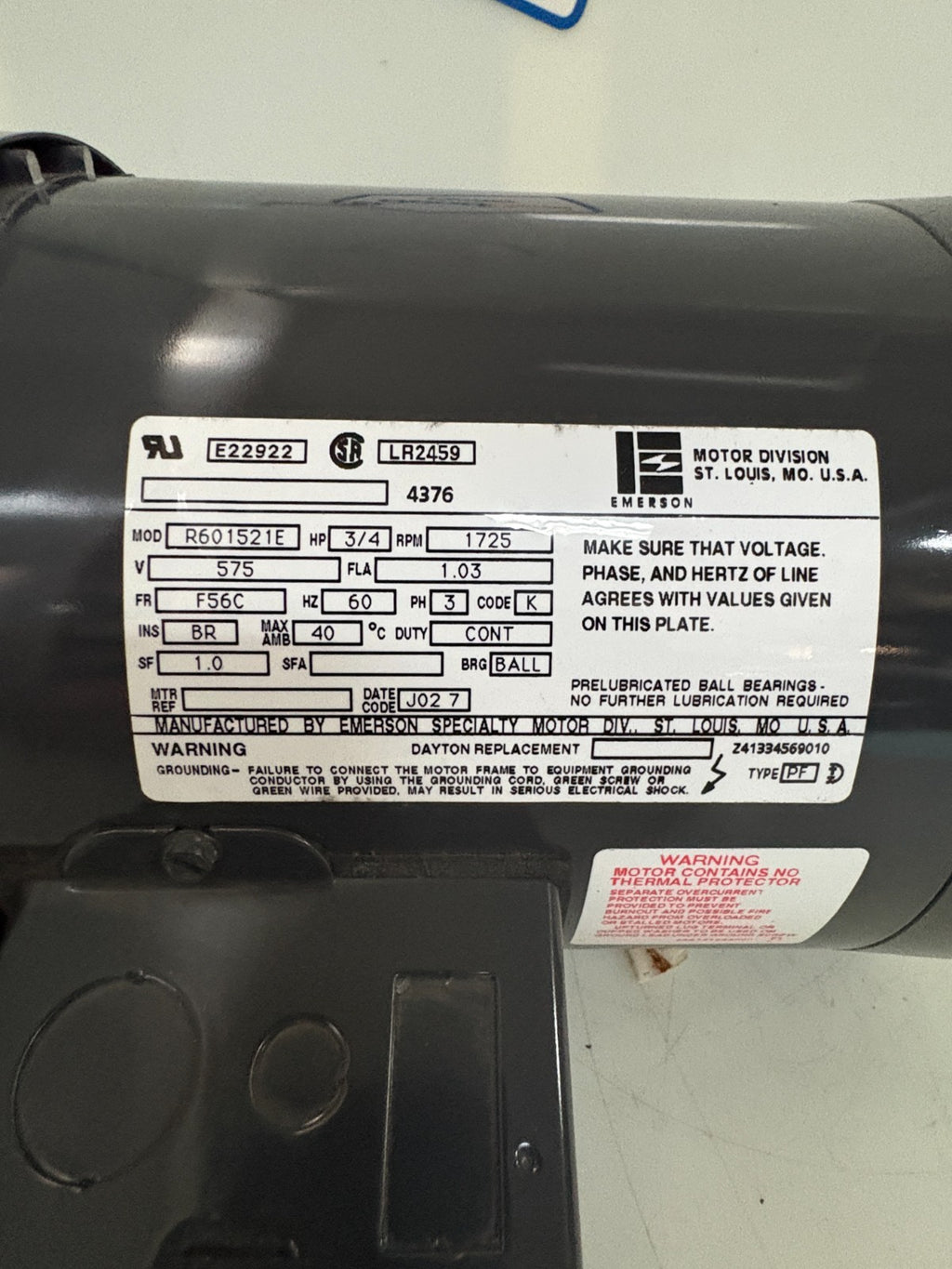 EMERSON 3/4 HP 1725 RPM MOTOR R601521 E 2