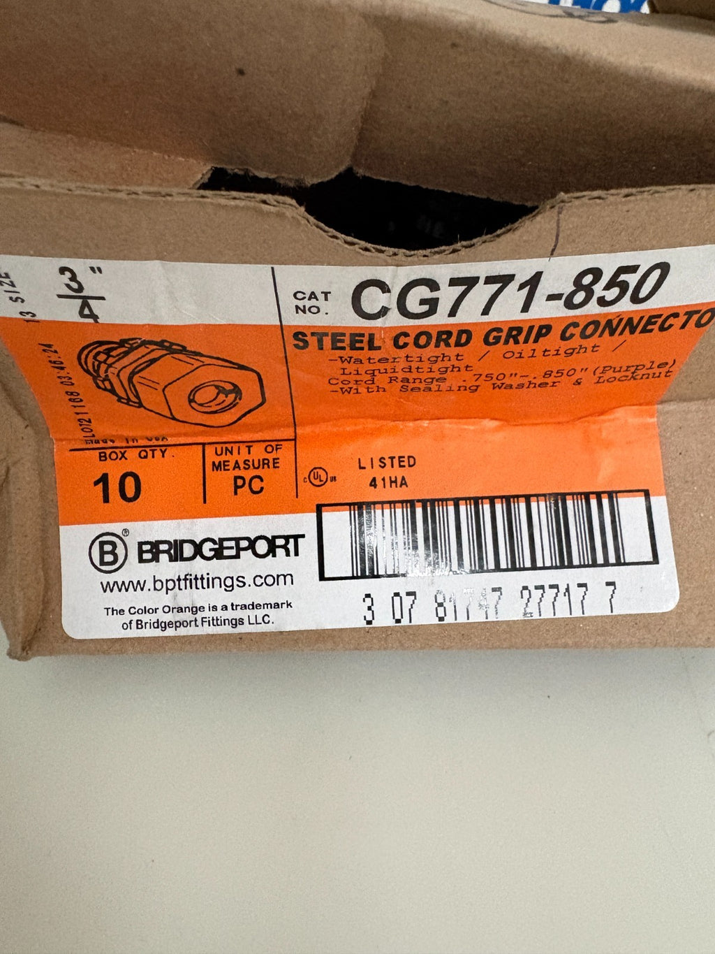 BRIDGEPORT 3/4" STEEL CORD GRIP CONNECTOR CG771-850 9 IN BOX3