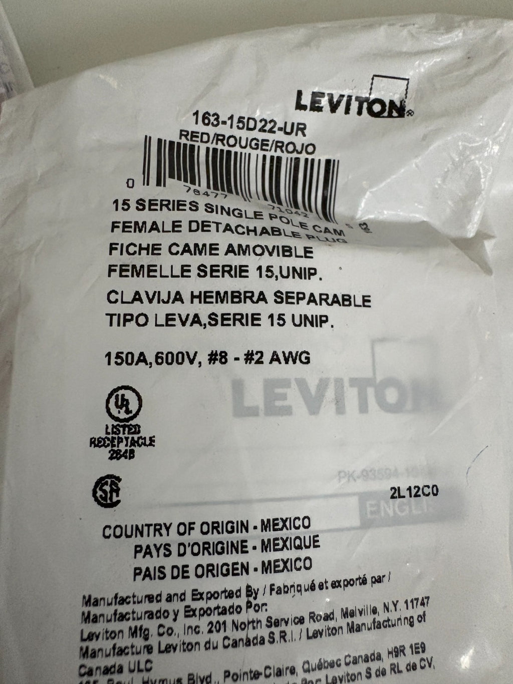 LOT OF 2 LEVITON SINGLE POLE CAM RED 163-15D21-UR2