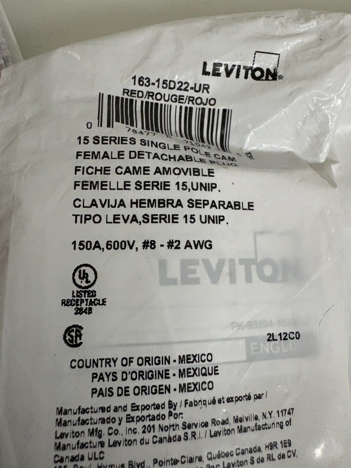 LOT OF 2 LEVITON SINGLE POLE CAM RED 163-15D21-UR2