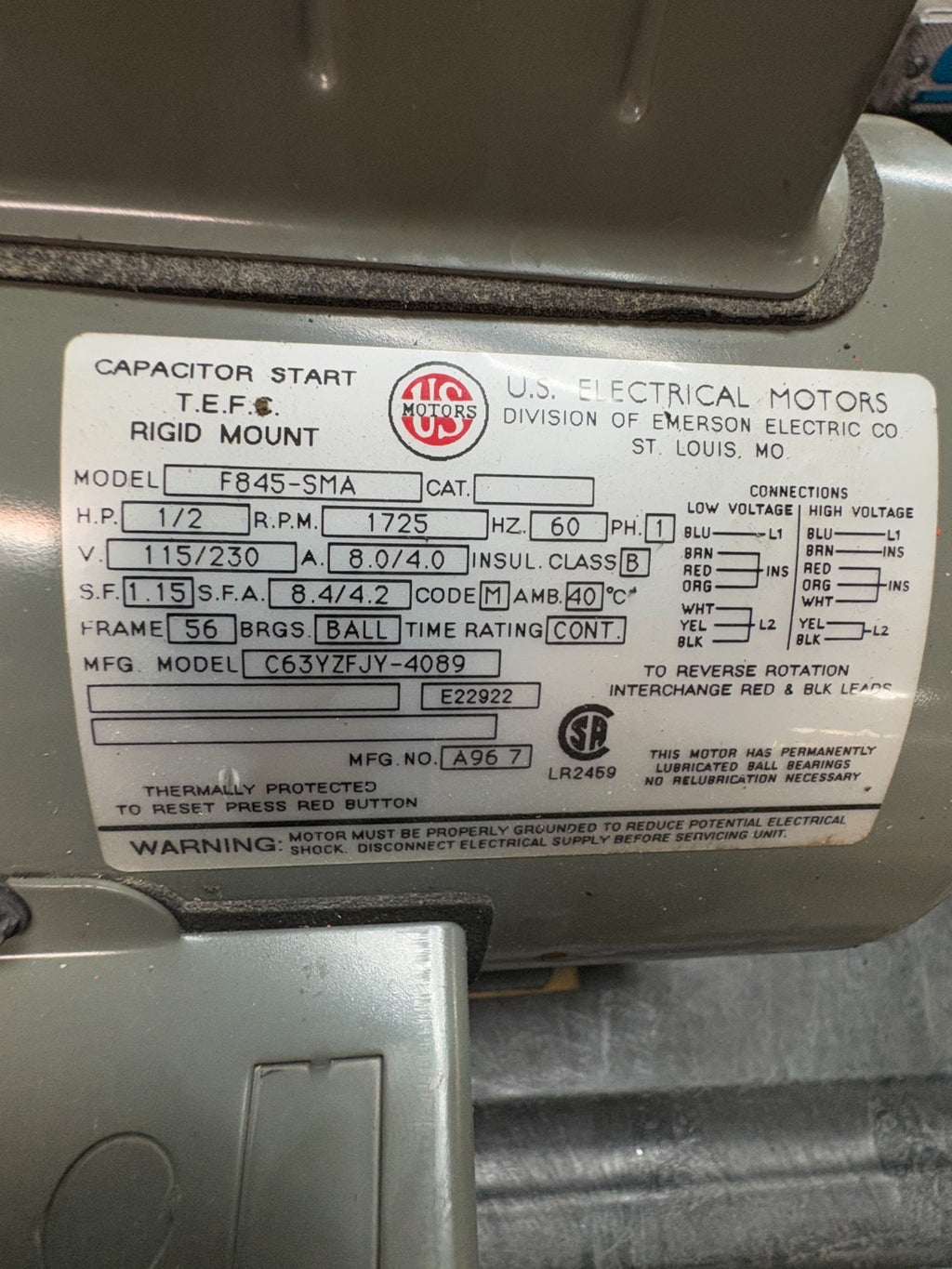 US MOTOR 1/2 HP 1725 RPM F845-SMA