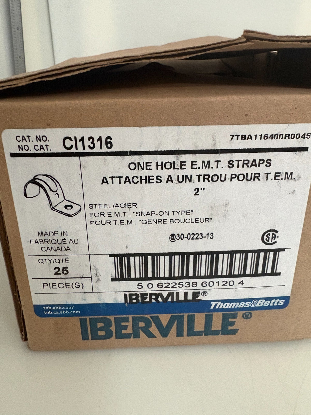 ABB THOMAS & BETTS 2" ONE HOLE E.M.T. STRAP CI1316  25 PER BOX2