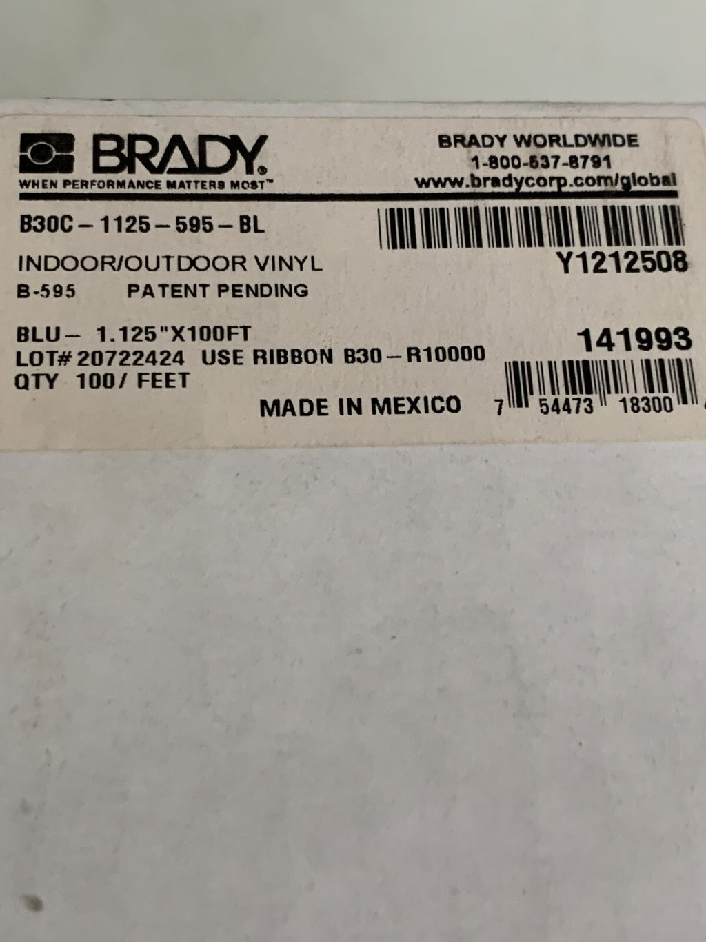 BRADY VINYL BLU 1.125" X100' ROLL  B30-1125-595-BL
