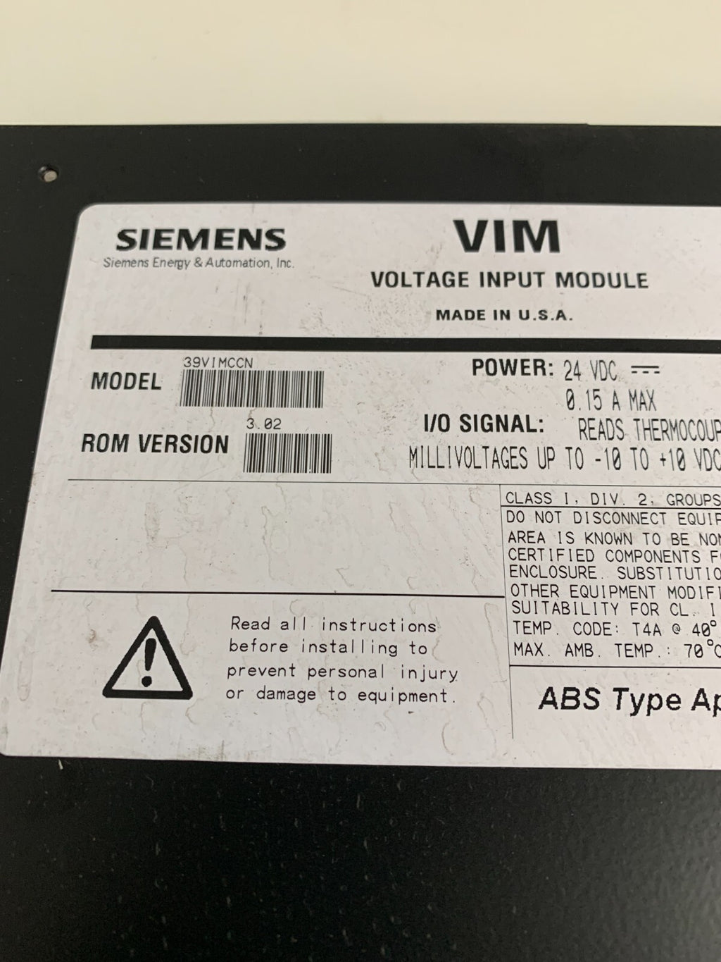 SIEMENS MOORE AVPACST VIM VOLTAGE INPUT MODULE 39 VIMCCN 16171-126/5