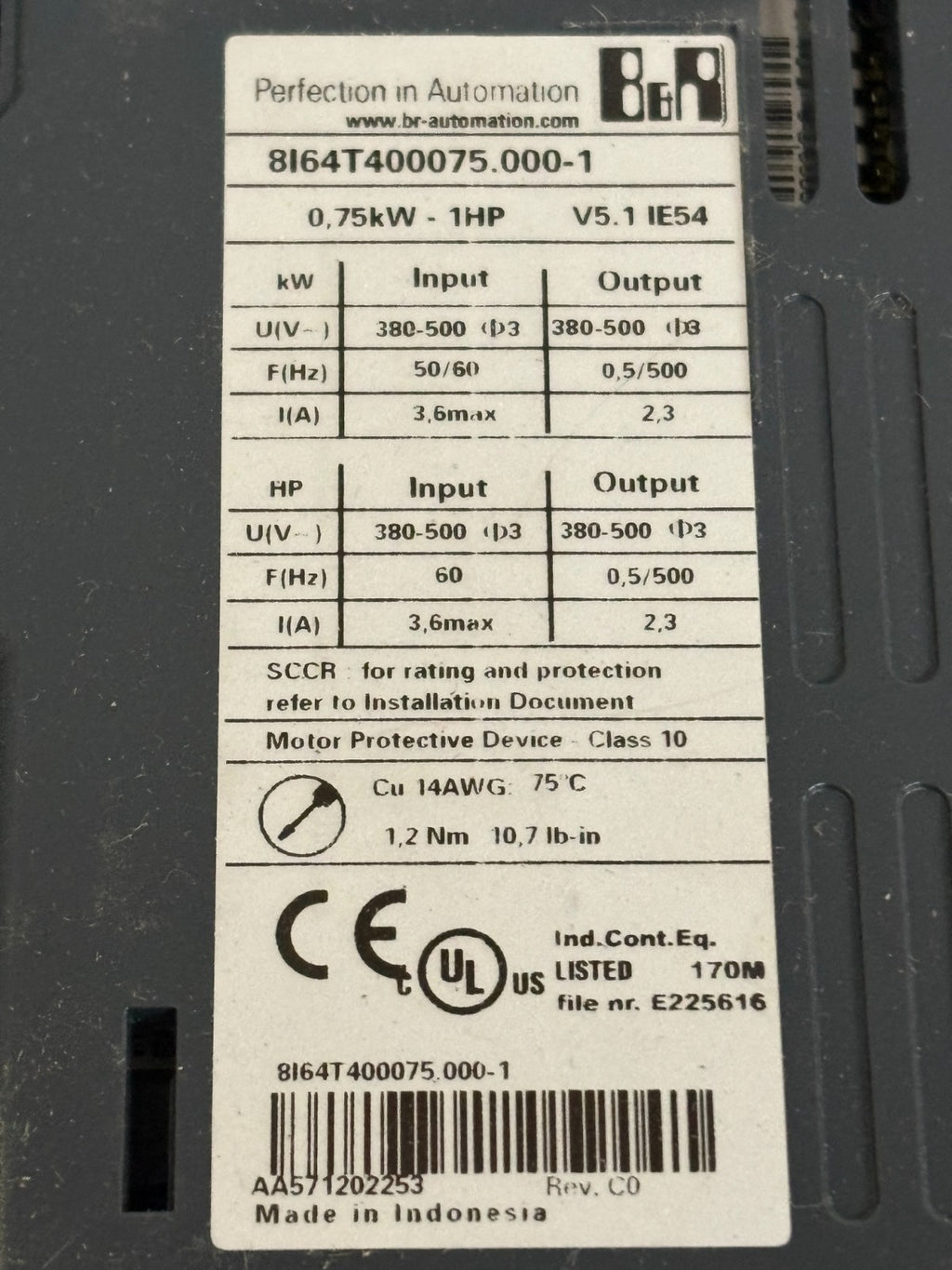 B & R AC DRIVE 1HP 8I64T400075.000-1