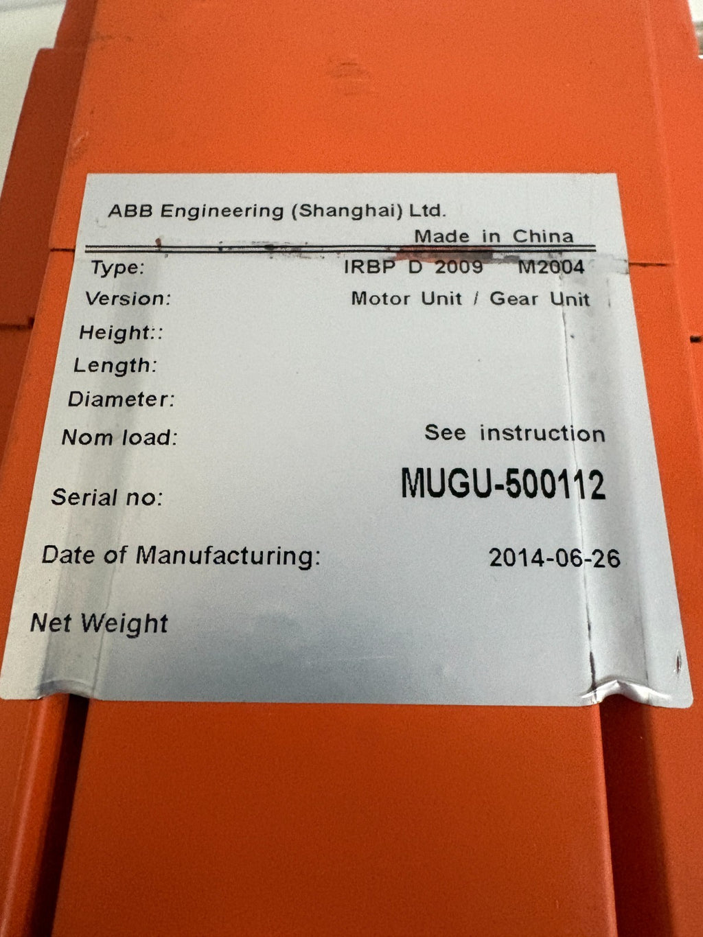 ABB ENGINEERING SERVO MOTOR MUGU-5001123