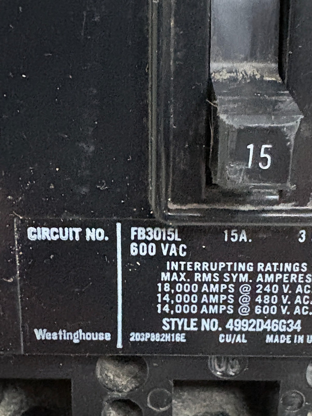 WESTINGHOUSE 15 AMP FB3015L CIRCUIT BREAKER W/CURRENT LIMITER LFB3070R