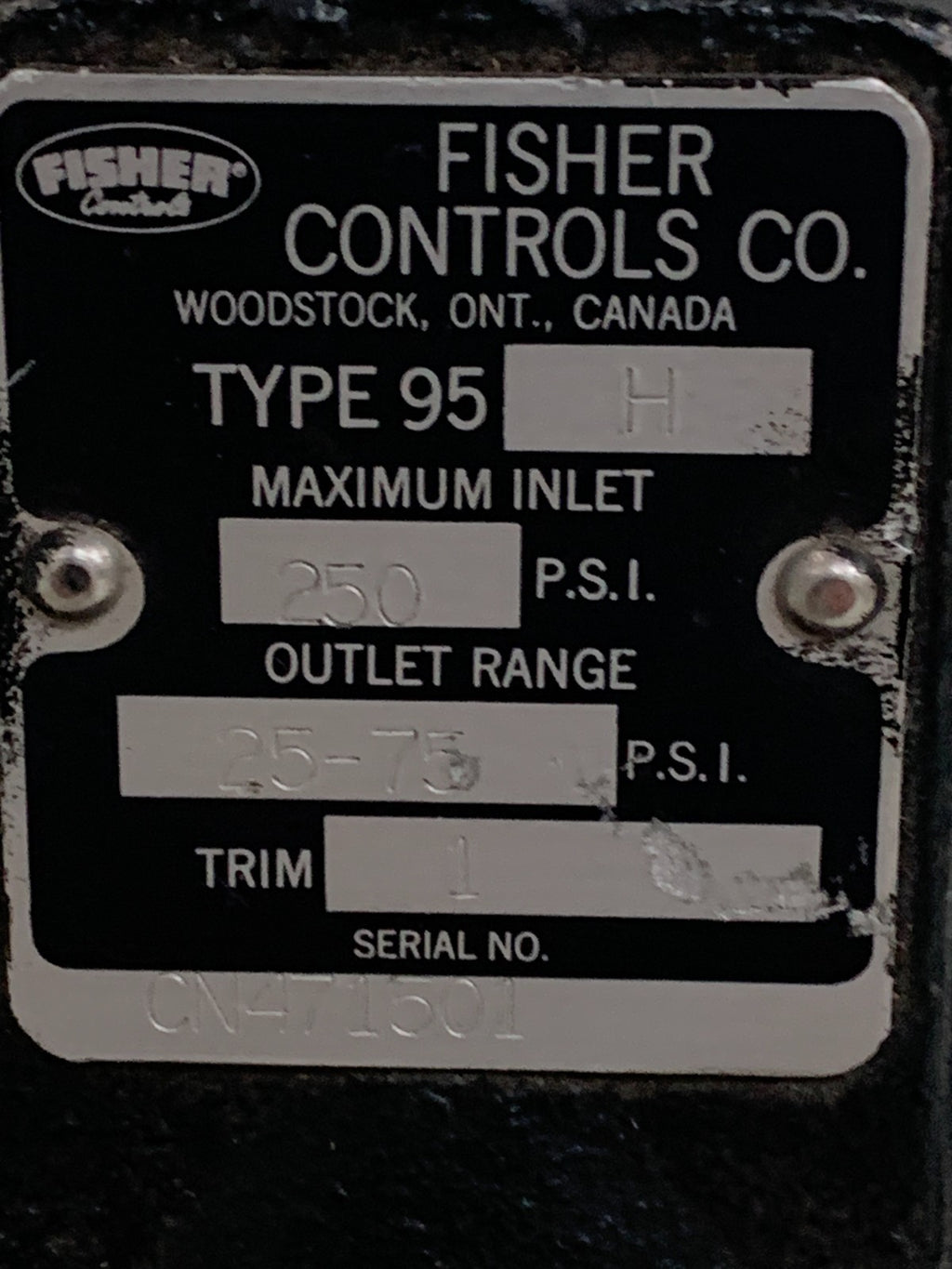 FISHER CONTROLS PRESSURE REGULATING VALVE TYPE 95 H CN 4715012