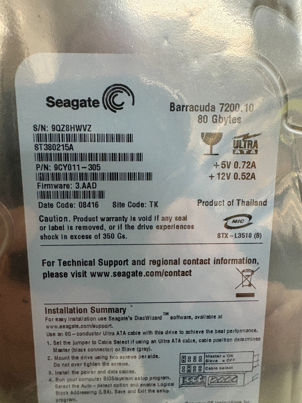 SEAGATE BARRACUDA 7200.10 80 G BYTES HARD DISK ST 308215 A 9CY011-3051