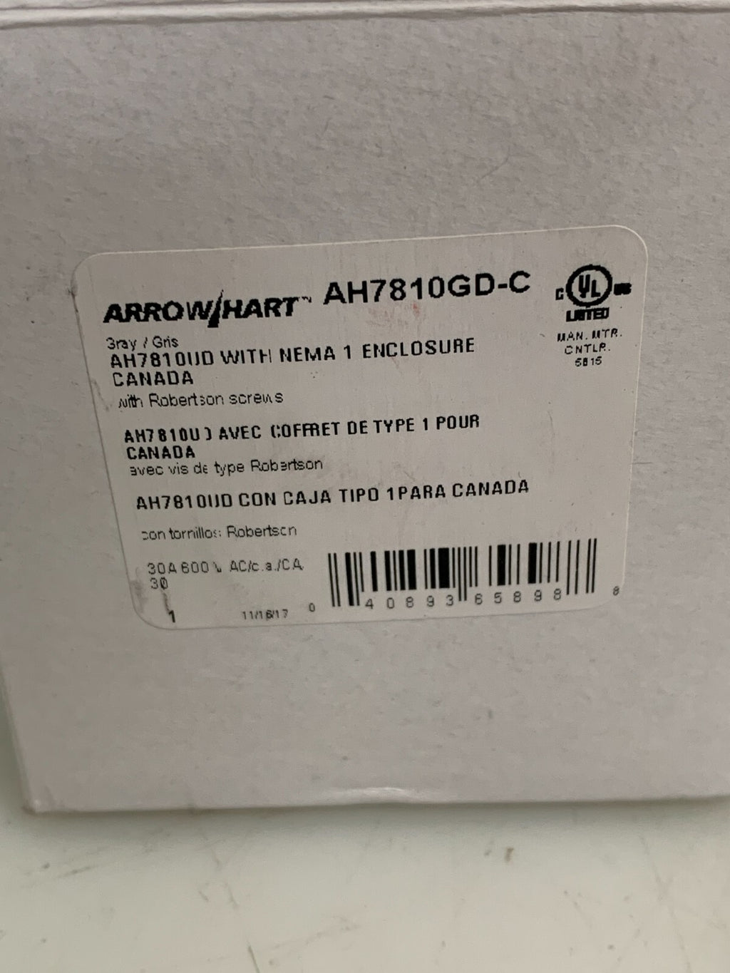 ARROW HART NEMA 1 ENCLOSURE AH7810GD-C NEW IN BOX