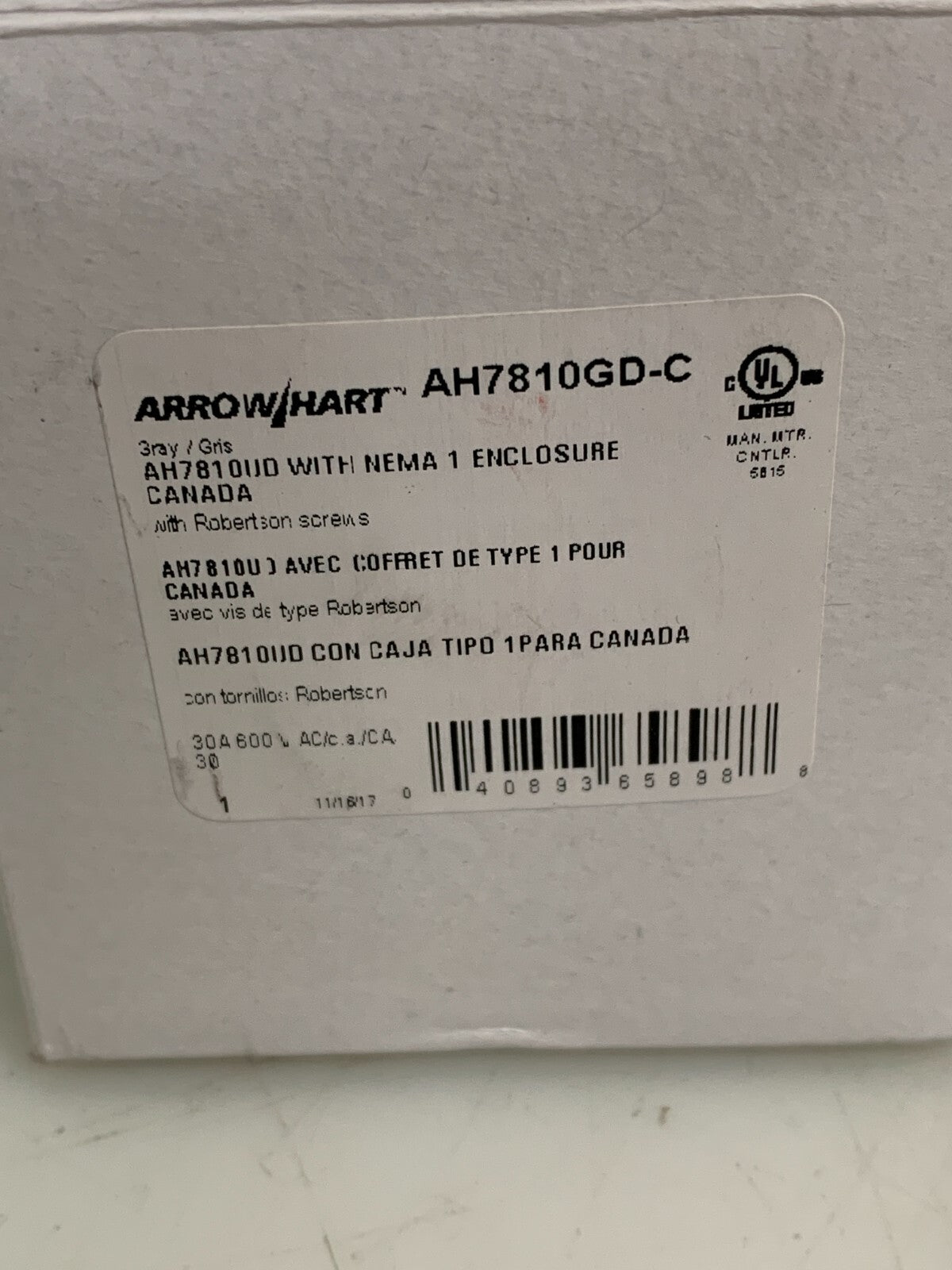 ARROW HART NEMA 1 ENCLOSURE AH7810GD-C NEW IN BOX