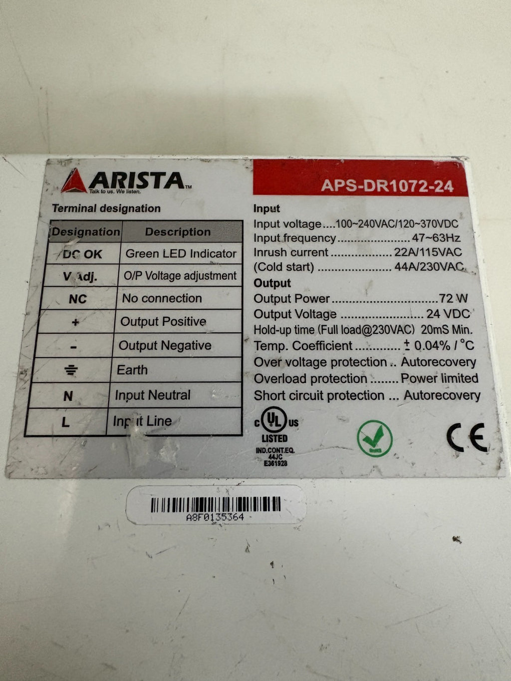 ARISTA POWER SUPPLY APS-DR1072-242