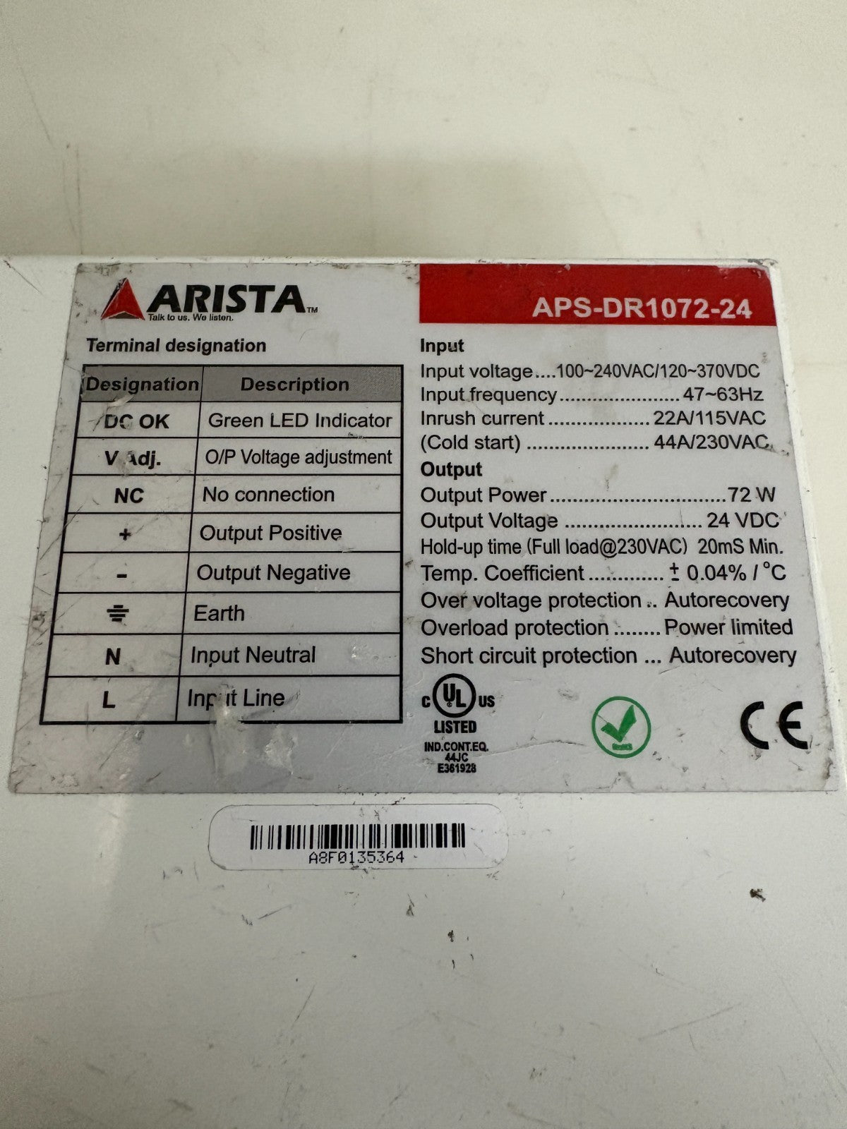 ARISTA POWER SUPPLY APS-DR1072-242